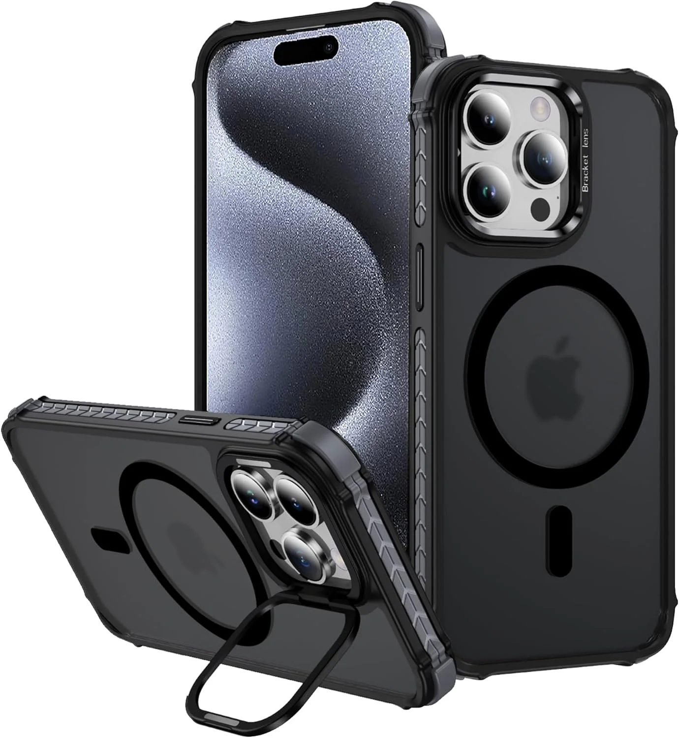 قاب محافظ گوشی آیفون 15 پرو مکس، محافظت نظامی [مقاوم در برابر سقوط از ارتفاع 3.6 متر]، سازگار با مگ‌سیف، دارای استند دوربین داخلی، ضد خش، ضد ضربه، مات و نیمه شفاف، مشکی