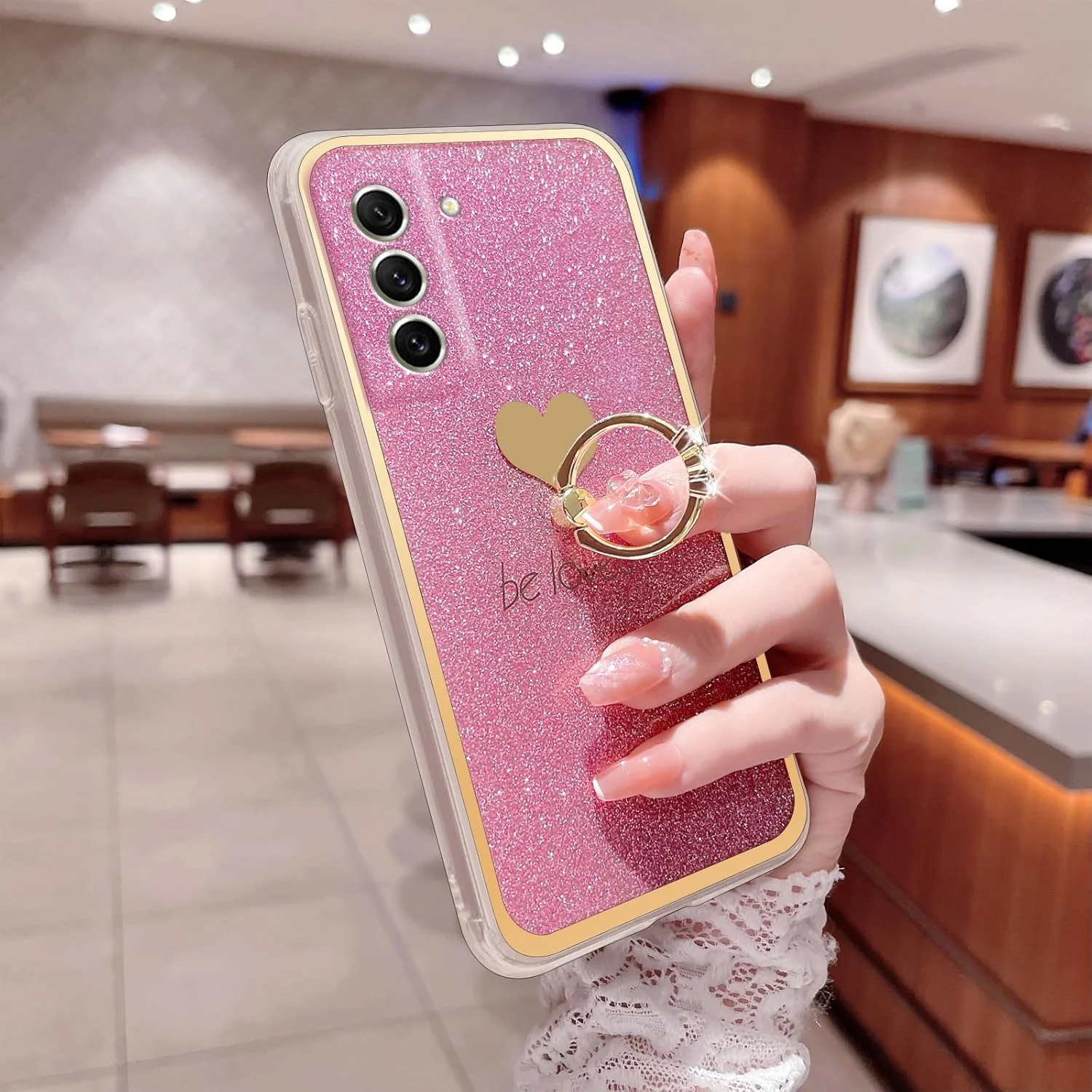 قاب گوشی سامسونگ گلکسی S21 FE 5G، دخترانه زنانه فانتزی اکلیلی درخشان با استند قلبی باریک نرم ضد ضربه محافظ گوشی برای سامسونگ گلکسی S21 FE 6.4 - صورتی