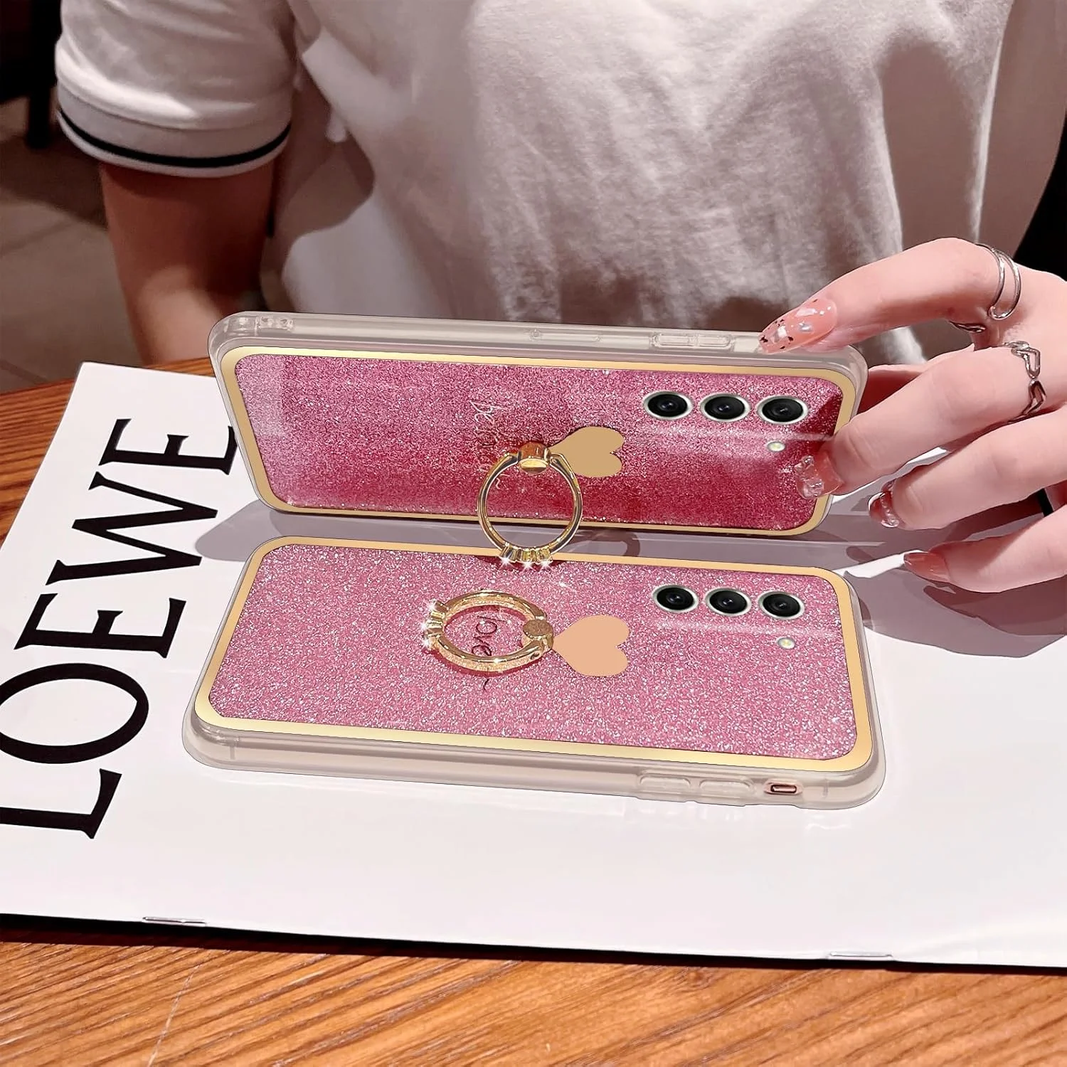 قاب گوشی سامسونگ گلکسی S21 FE 5G، دخترانه زنانه فانتزی اکلیلی درخشان با استند قلبی باریک نرم ضد ضربه محافظ گوشی برای سامسونگ گلکسی S21 FE 6.4 - صورتی