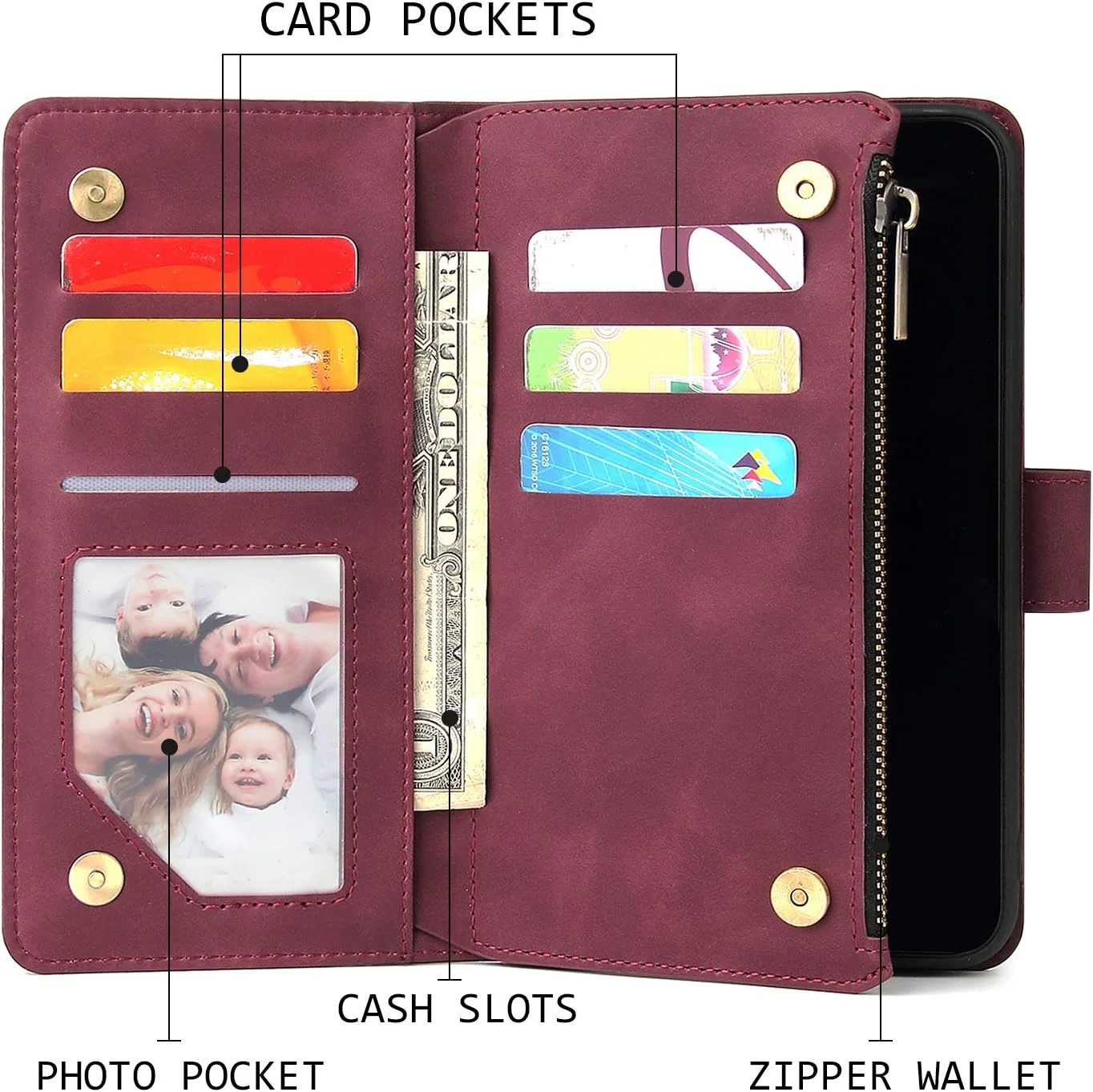 کیف پول UEEBAI مناسب برای آیفون 13 6.1 اینچی، کیف دستی چرمی PU درجه یک، دارای جیب زیپ دار، پایه استند، جای کارت و بند مچی، پوشش محافظ TPU ضد ضربه - قرمز شرابی کیف پول UEEBAI مناسب برای آیفون 13 6.1 اینچی، کیف دستی چرمی PU درجه یک، دارای جیب زیپ دار، پایه استند، جای کارت و بند مچی، پوشش محافظ TPU ضد ضربه - قرمز شرابی