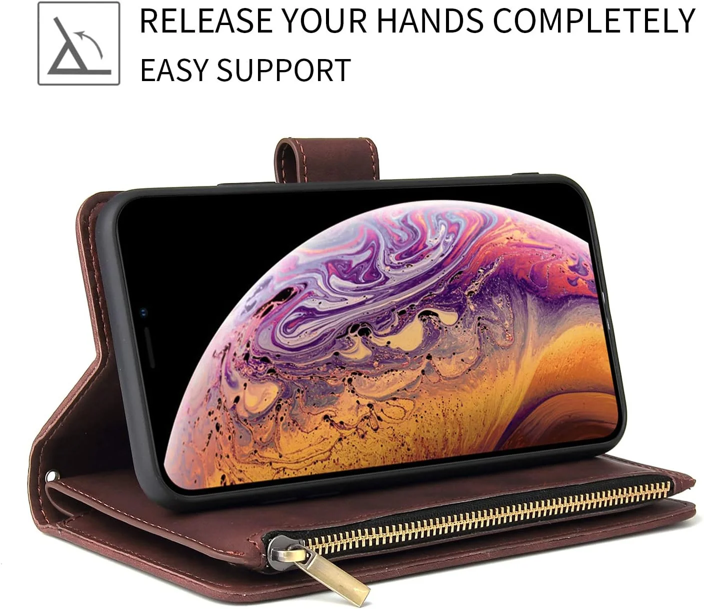 کیف پول UEEBAI مناسب برای آیفون 13 6.1 اینچی، کیف دستی چرمی PU درجه یک، دارای جیب زیپ دار، پایه استند، جای کارت و بند مچی، پوشش محافظ TPU ضد ضربه - قرمز شرابی کیف پول UEEBAI مناسب برای آیفون 13 6.1 اینچی، کیف دستی چرمی PU درجه یک، دارای جیب زیپ دار، پایه استند، جای کارت و بند مچی، پوشش محافظ TPU ضد ضربه - قرمز شرابی