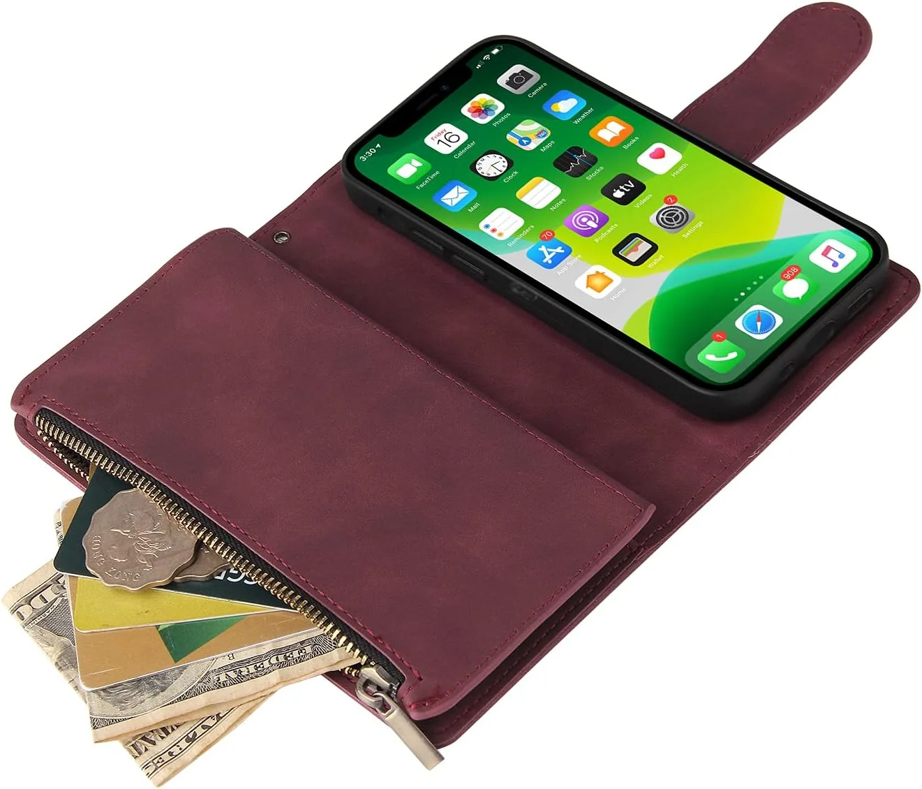 کیف پول UEEBAI مناسب برای آیفون 13 6.1 اینچی، کیف دستی چرمی PU درجه یک، دارای جیب زیپ دار، پایه استند، جای کارت و بند مچی، پوشش محافظ TPU ضد ضربه - قرمز شرابی کیف پول UEEBAI مناسب برای آیفون 13 6.1 اینچی، کیف دستی چرمی PU درجه یک، دارای جیب زیپ دار، پایه استند، جای کارت و بند مچی، پوشش محافظ TPU ضد ضربه - قرمز شرابی