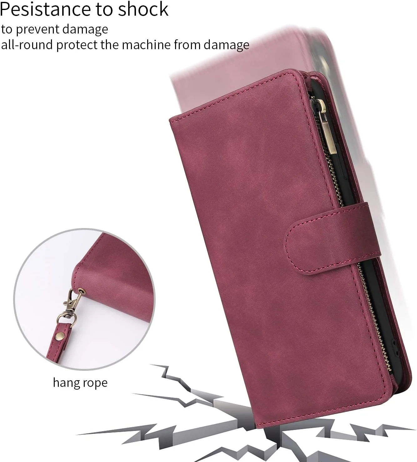 کیف پول UEEBAI مناسب برای آیفون 13 6.1 اینچی، کیف دستی چرمی PU درجه یک، دارای جیب زیپ دار، پایه استند، جای کارت و بند مچی، پوشش محافظ TPU ضد ضربه - قرمز شرابی کیف پول UEEBAI مناسب برای آیفون 13 6.1 اینچی، کیف دستی چرمی PU درجه یک، دارای جیب زیپ دار، پایه استند، جای کارت و بند مچی، پوشش محافظ TPU ضد ضربه - قرمز شرابی