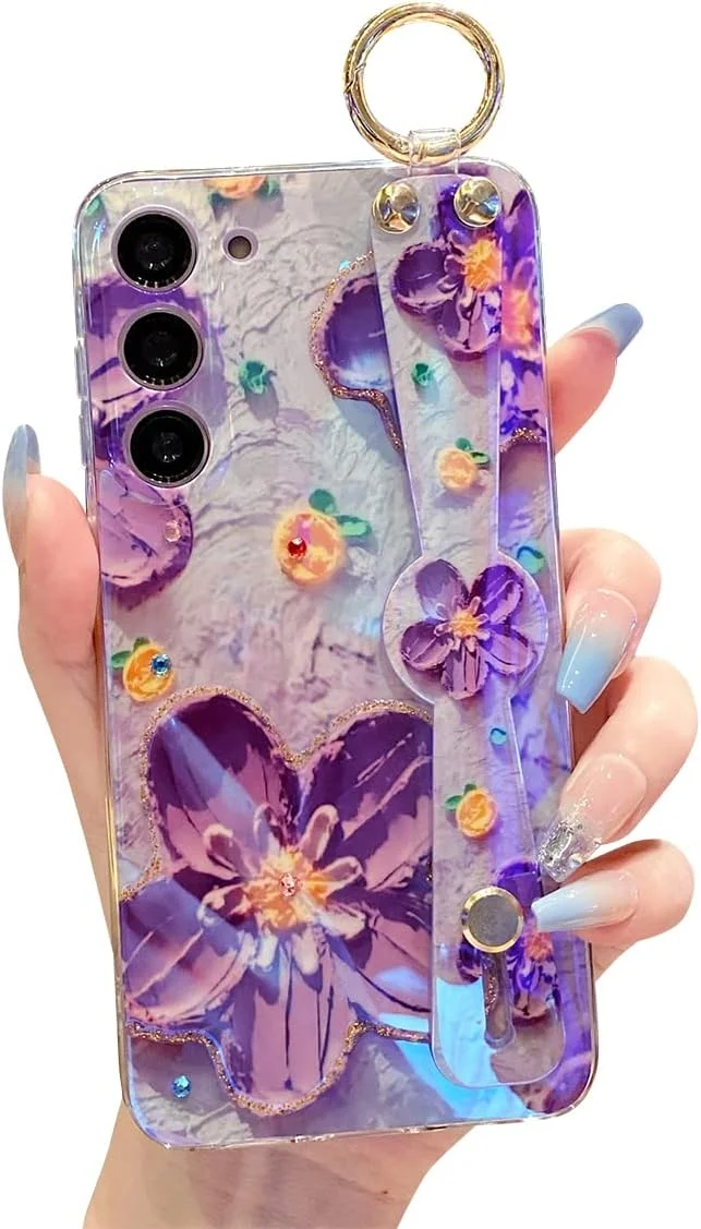 قاب درخشان و براق گوشی سامسونگ گلکسی اس 23 پلاس 6.6 اینچی، به همراه بند و پایه، طرح زیبا، طراحی روکش IMD، سیلیکونی، ضد ضربه، محافظ، مناسب دختران و بانوان - گل بنفش