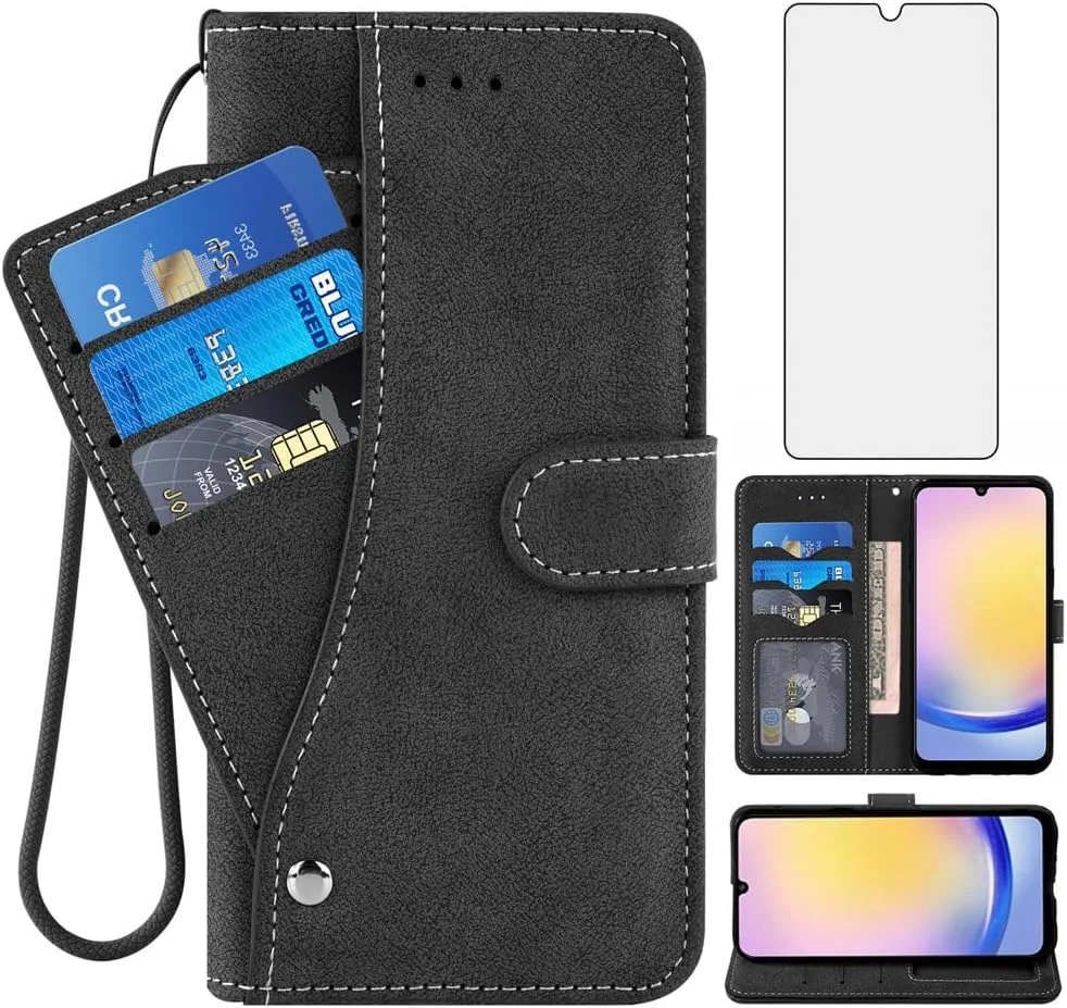 کیف پول چرمی سازگار با گوشی سامسونگ گلکسی آ 34 5G به همراه محافظ صفحه نمایش شیشه ای، دارای جای کارت اعتباری، استند و بند مچی سیلیکونی جداشدنی - مشکی