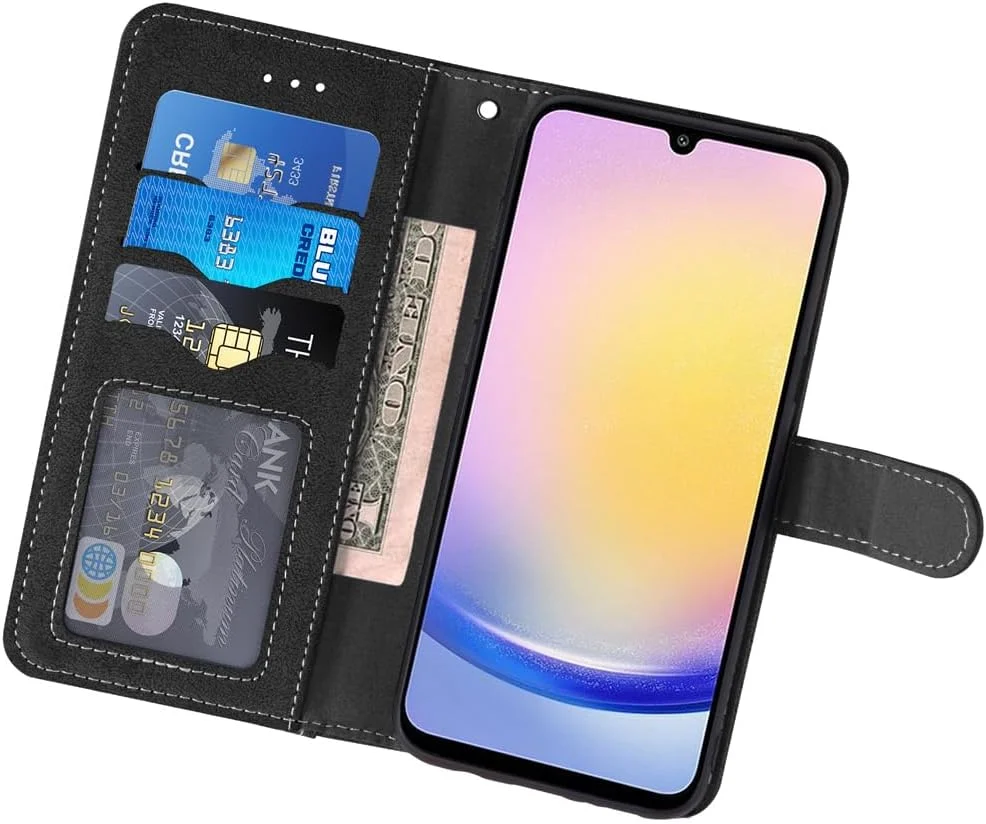 کیف پول چرمی سازگار با گوشی سامسونگ گلکسی آ 34 5G به همراه محافظ صفحه نمایش شیشه ای، دارای جای کارت اعتباری، استند و بند مچی سیلیکونی جداشدنی - مشکی