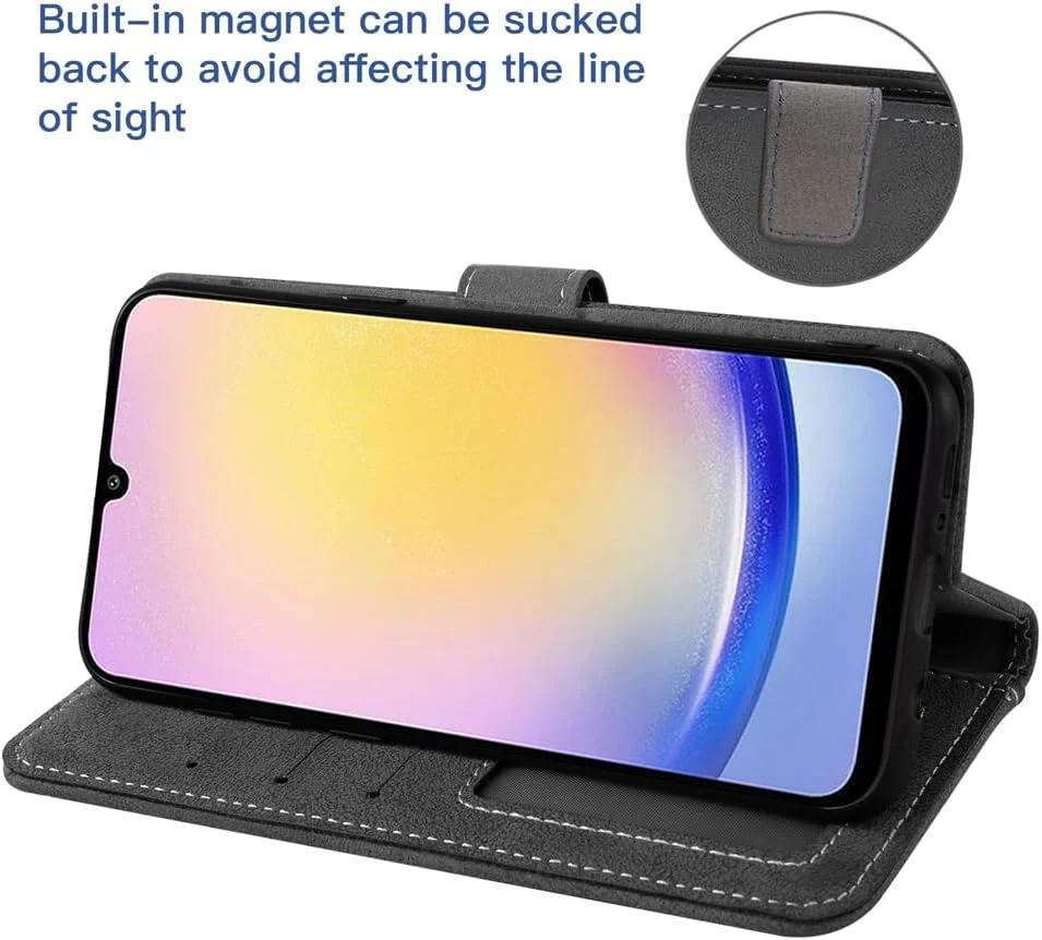 کیف پول چرمی سازگار با گوشی سامسونگ گلکسی آ 34 5G به همراه محافظ صفحه نمایش شیشه ای، دارای جای کارت اعتباری، استند و بند مچی سیلیکونی جداشدنی - مشکی