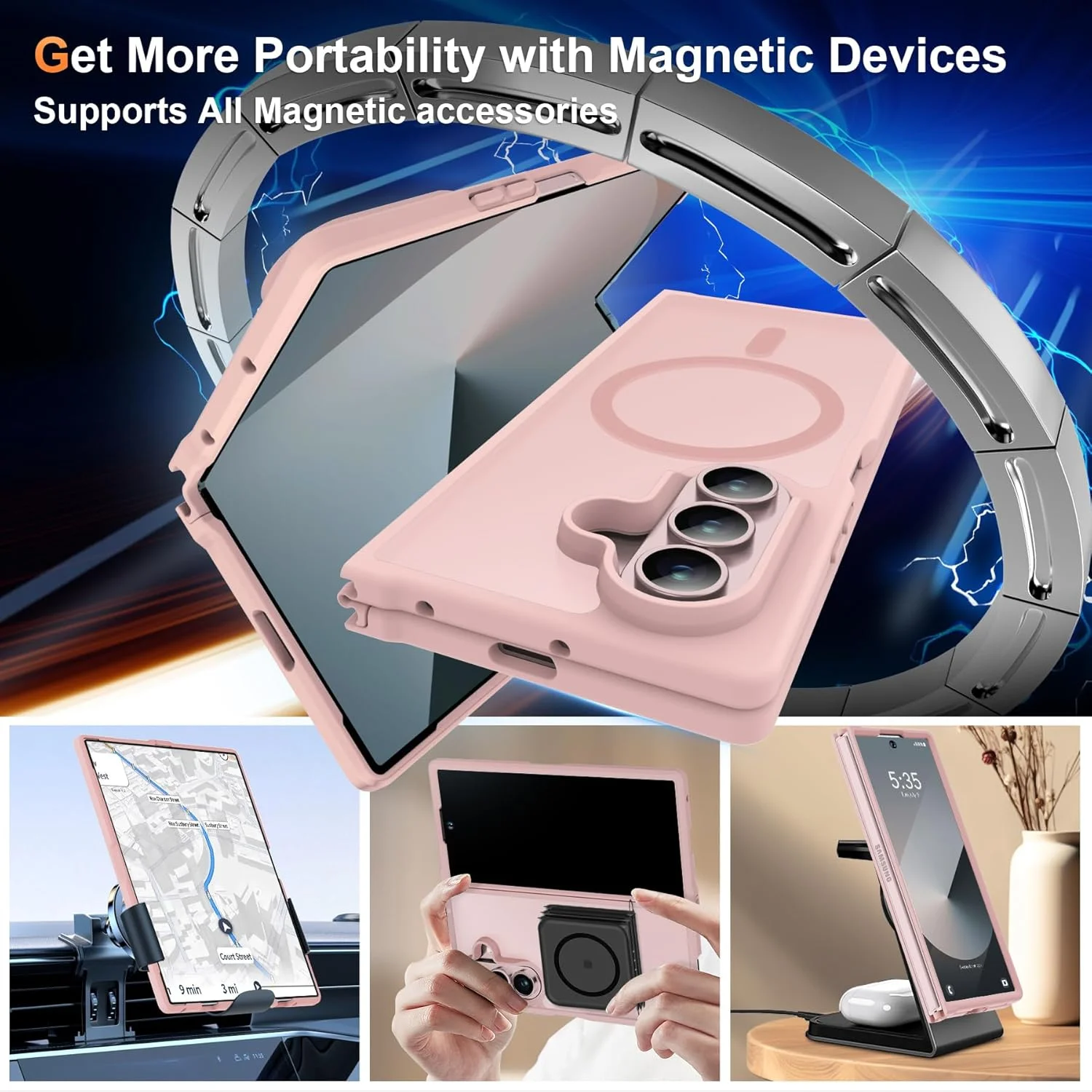 کاور آهنربایی ORETECH سازگار با گوشی سامسونگ گلکسی زد فولد 7، قاب پشتی نیمه شفاف PC سخت ضد لغزش، محافظ ضربه گیر گوشی سامسونگ زد فولد 7 - صورتی روشن