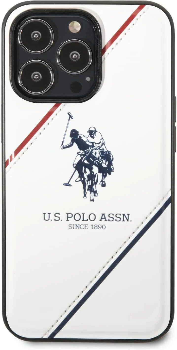 قاب چرمی CG Mobile USPA با طرح دو خط برجسته و لوگوی اسب، سازگار با آیفون 14 پرو - سفید