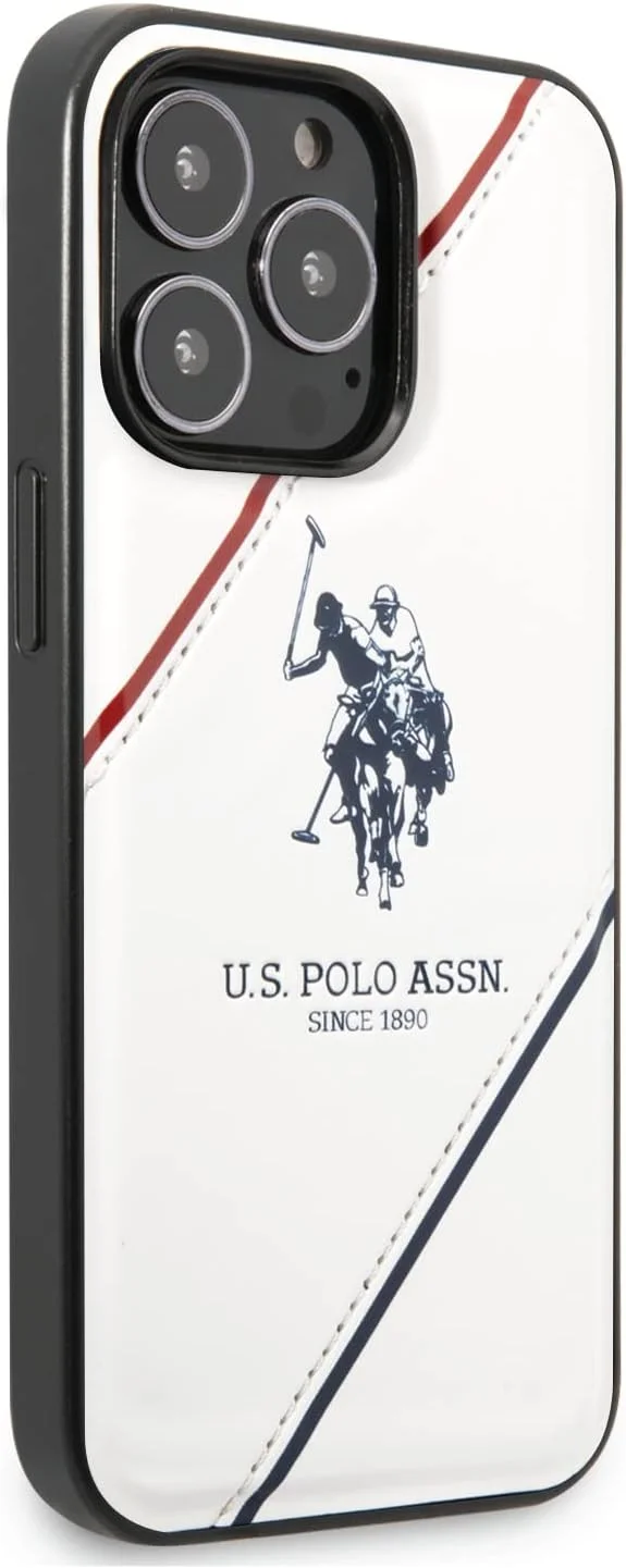 قاب چرمی CG Mobile USPA با طرح دو خط برجسته و لوگوی اسب، سازگار با آیفون 14 پرو - سفید