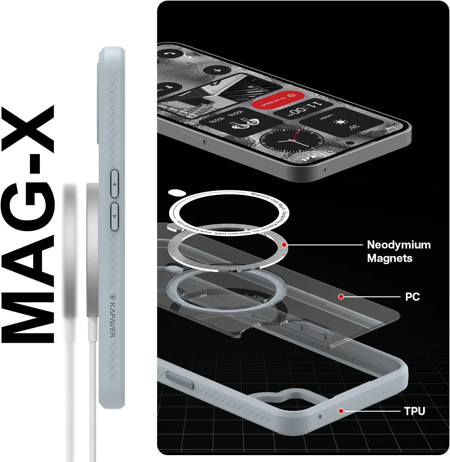 کاور پشتی KAPAVER Mag-X سازگار با Nothing Phone 2 (TPU+PC) (خاکستری)