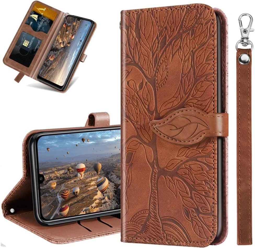 کیف پول چرمی برای آیفون 16 پرو - محافظ کتابی با طرح برجسته درخت، پوشش محافظ لوکس با پایه نگهدارنده برای گوشی اپل آیفون 16 پرو. RX2 درخت قهوه ای