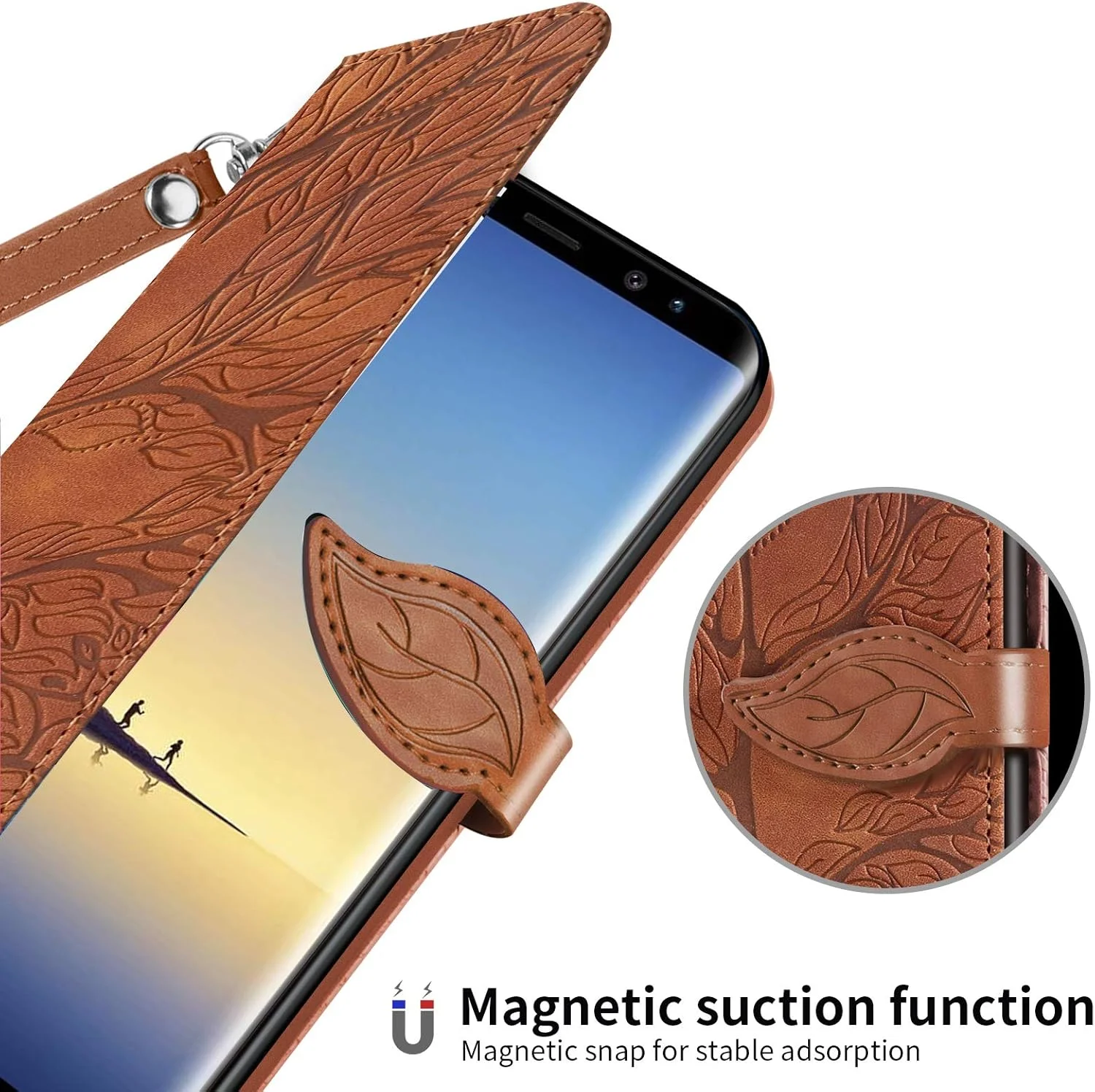 کیف پول چرمی برای آیفون 16 پرو - محافظ کتابی با طرح برجسته درخت، پوشش محافظ لوکس با پایه نگهدارنده برای گوشی اپل آیفون 16 پرو. RX2 درخت قهوه ای
