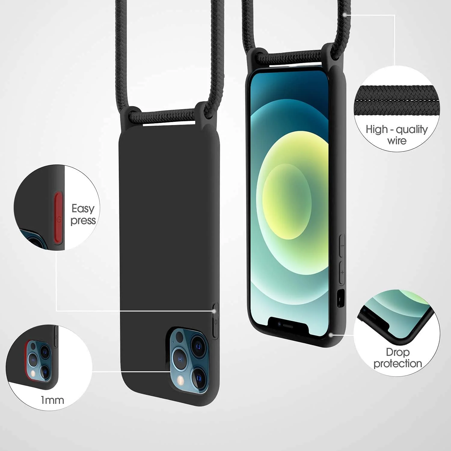 کاور محافظ گوشی آیفون 12/12 پرو 6.1 اینچی INFOSUN، مقاوم در برابر خراش و ضربه، ساخته شده از مواد TPU، همراه با بند گردنی - مشکی کاور محافظ گوشی آیفون 12/12 پرو 6.1 اینچی INFOSUN، مقاوم در برابر خراش و ضربه، ساخته شده از مواد TPU، همراه با بند گردنی - مشکی