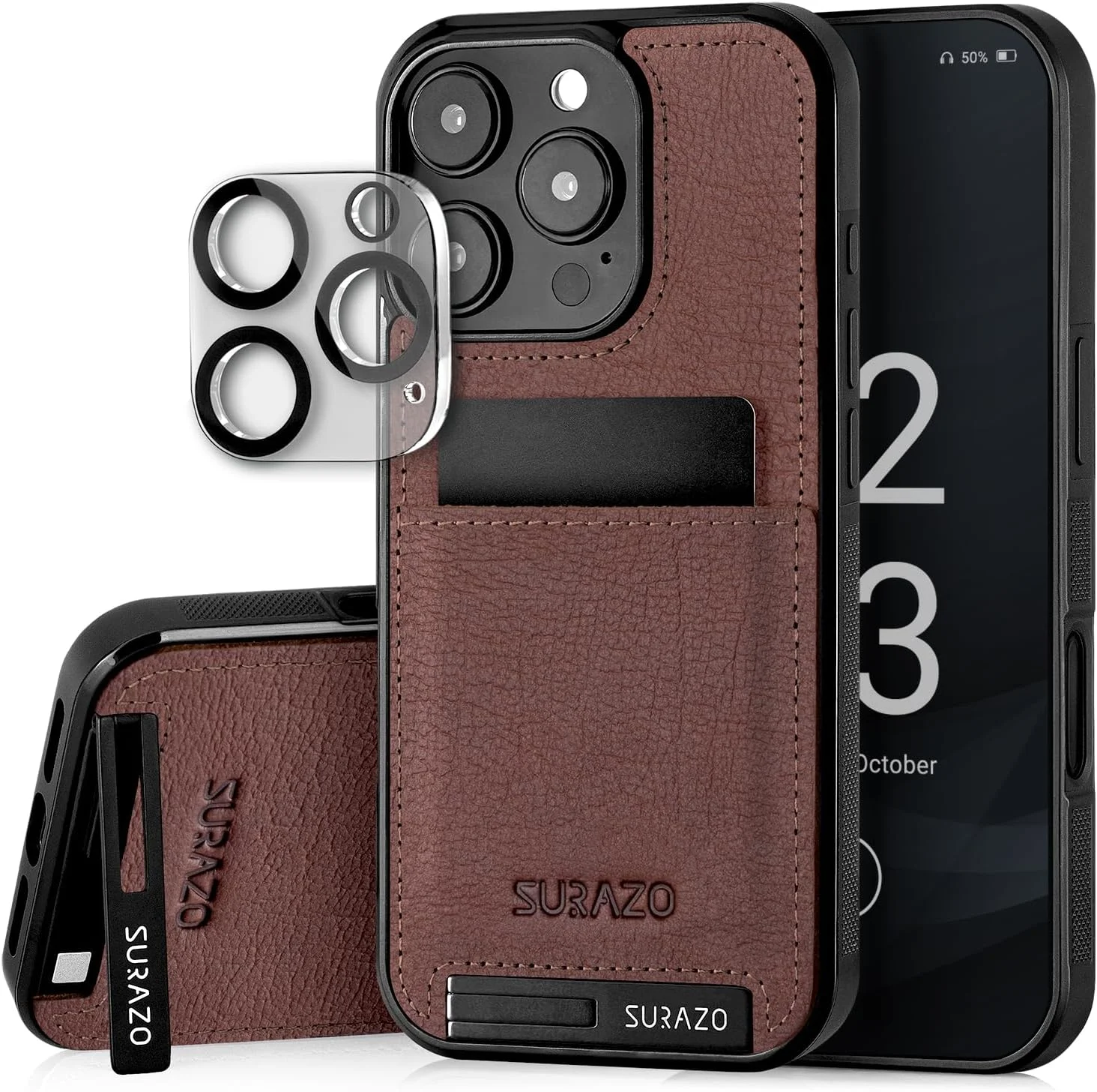 کاور پشتی چرمی اصل SURAZO برای گوشی Apple iPhone 16 Pro - کاور محافظ گوشی موبایل چرمی ضد ضربه [محافظ شیشه ای دوربین، جای کارت، عملکرد استند، جاکلیدی] کاور محافظ پشتی بامپر