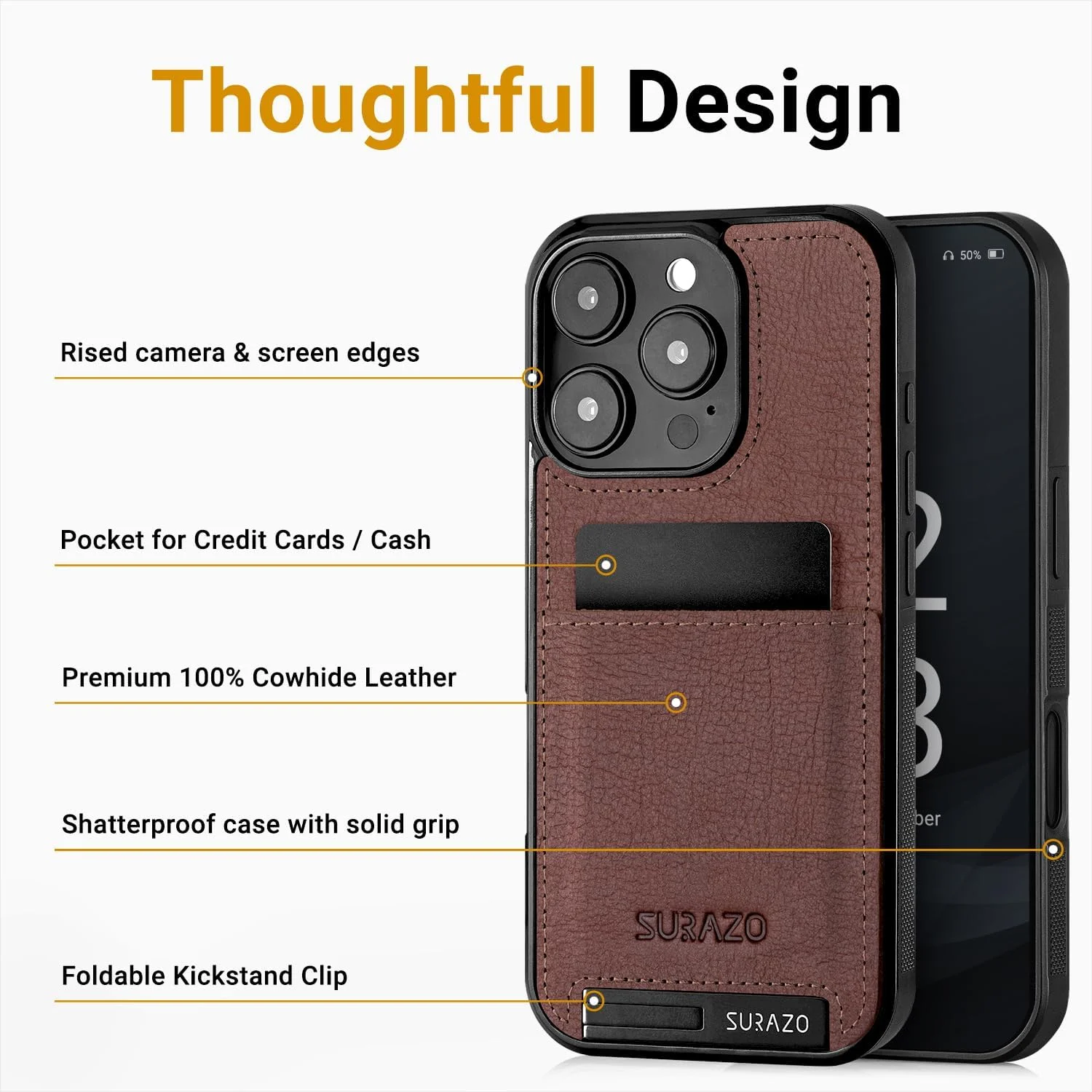 کاور پشتی چرمی اصل SURAZO برای گوشی Apple iPhone 16 Pro - کاور محافظ گوشی موبایل چرمی ضد ضربه [محافظ شیشه ای دوربین، جای کارت، عملکرد استند، جاکلیدی] کاور محافظ پشتی بامپر