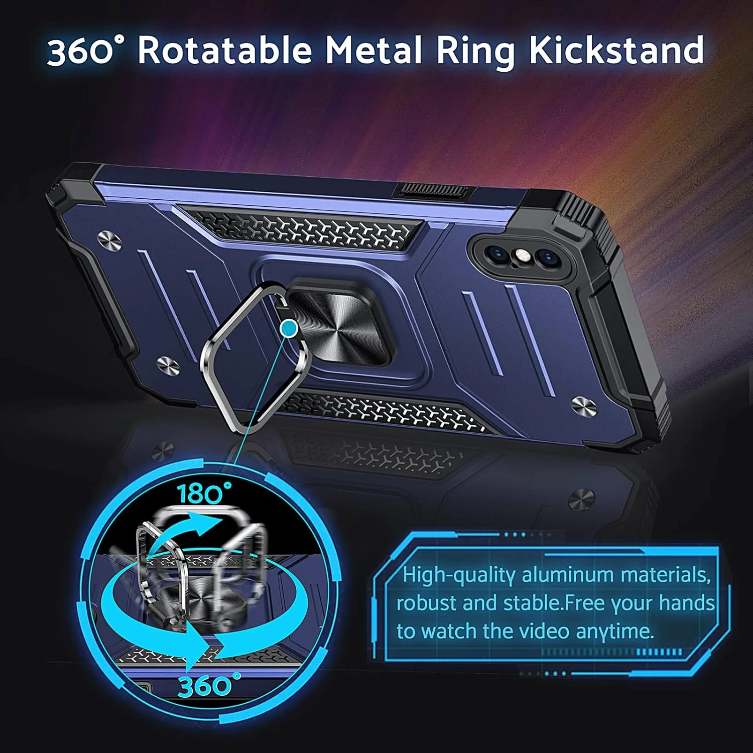 کاور موبایل DASFOND اپل، طراحی شده برای قاب آیفون X/XS، کاور محافظ تلفن درجه نظامی با پایه حلقه فلزی تقویت شده [پشتیبانی از پایه مغناطیسی]، سازگار با آیفون X/XS، آبی