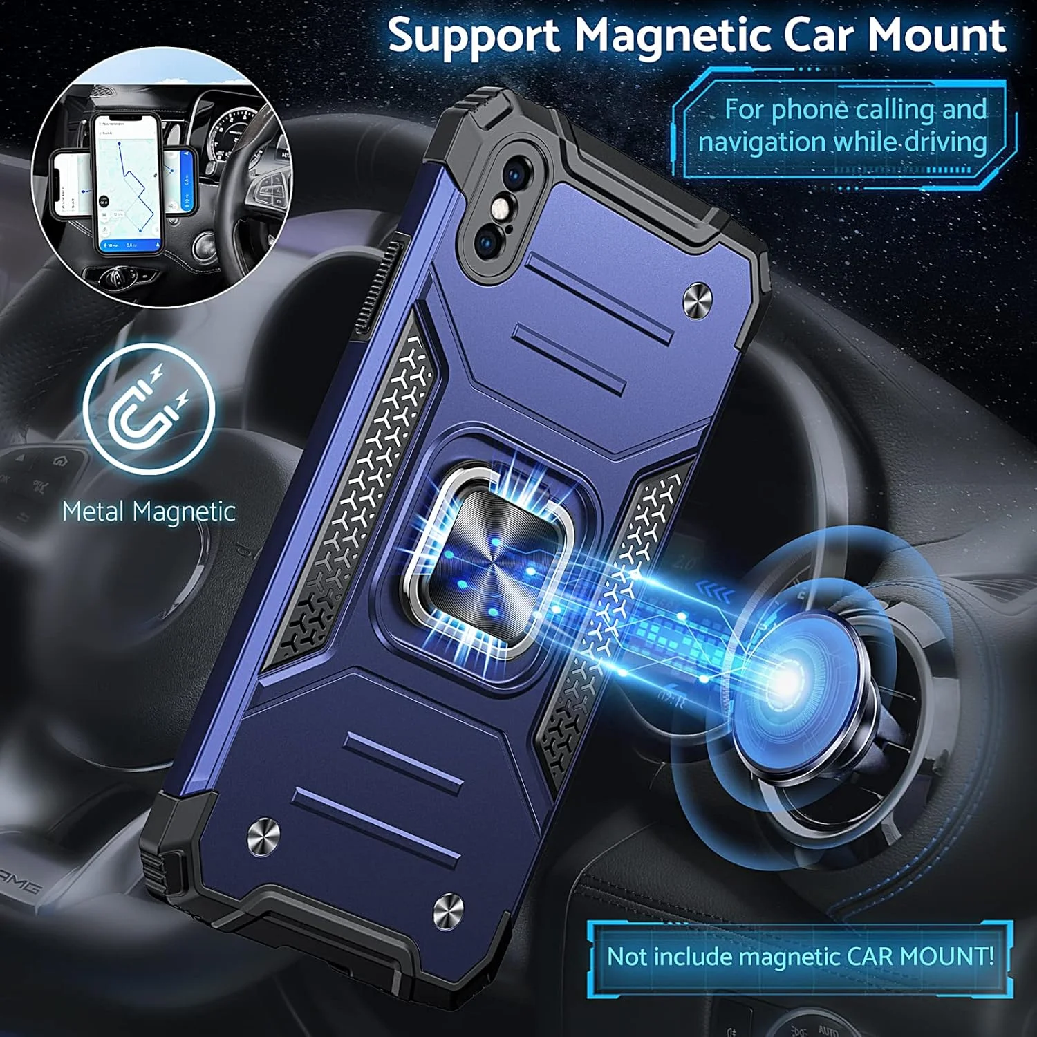 کاور موبایل DASFOND اپل، طراحی شده برای قاب آیفون X/XS، کاور محافظ تلفن درجه نظامی با پایه حلقه فلزی تقویت شده [پشتیبانی از پایه مغناطیسی]، سازگار با آیفون X/XS، آبی
