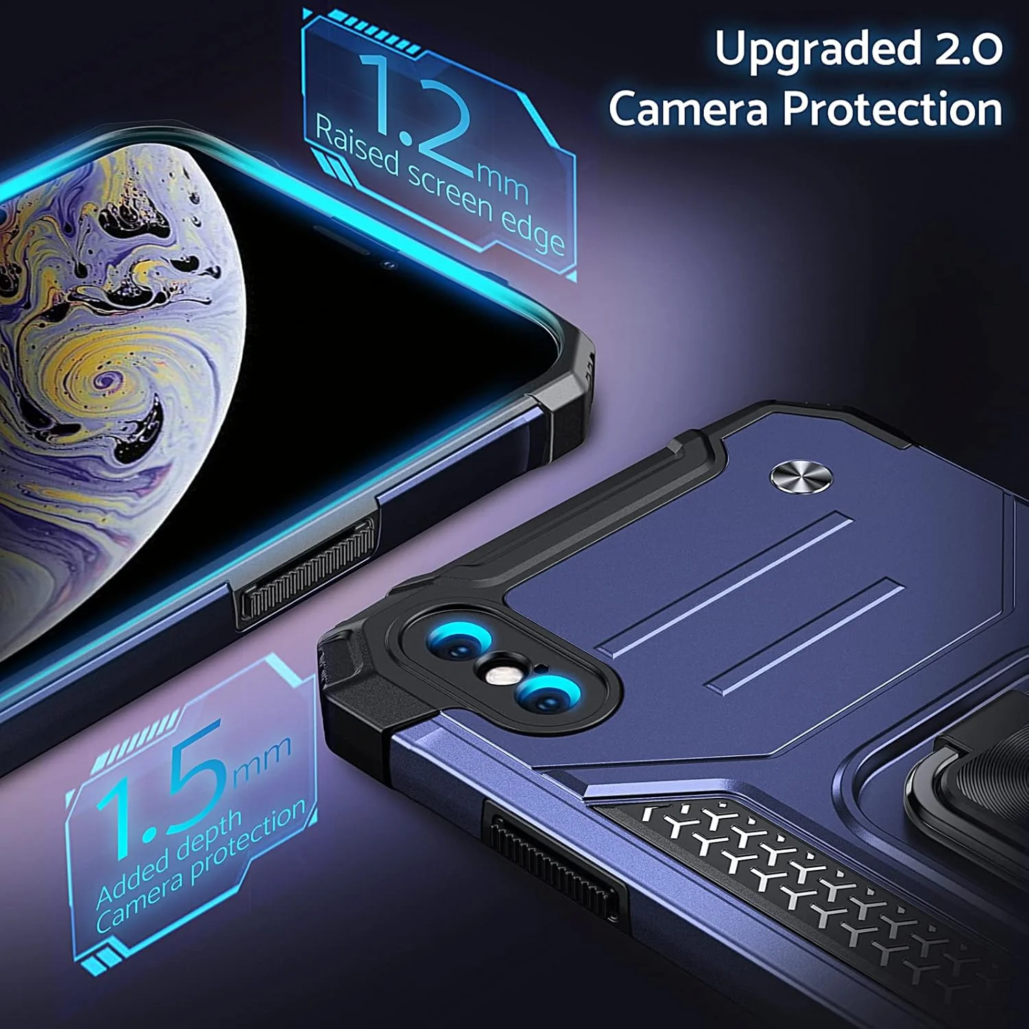 کاور موبایل DASFOND اپل، طراحی شده برای قاب آیفون X/XS، کاور محافظ تلفن درجه نظامی با پایه حلقه فلزی تقویت شده [پشتیبانی از پایه مغناطیسی]، سازگار با آیفون X/XS، آبی