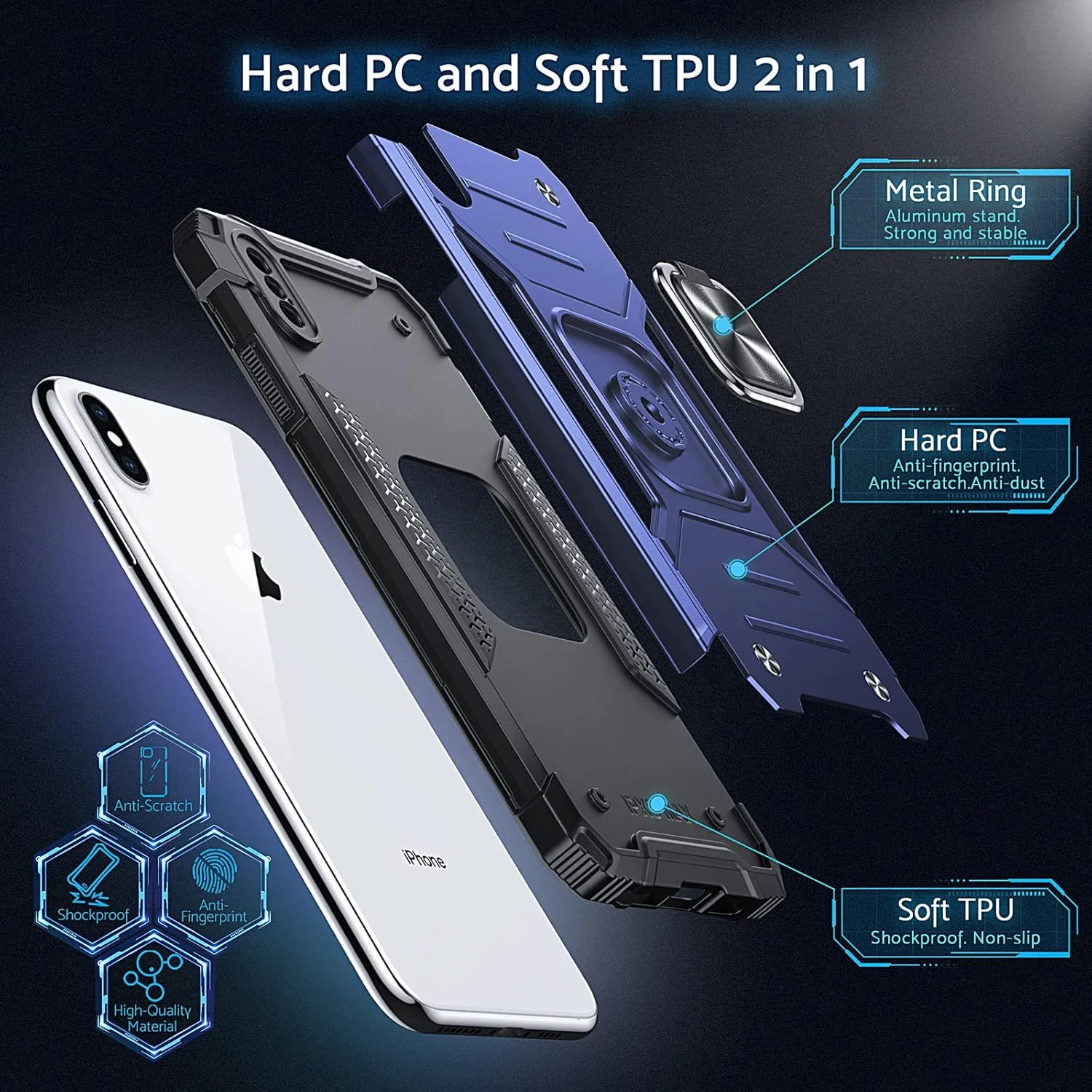 کاور موبایل DASFOND اپل، طراحی شده برای قاب آیفون X/XS، کاور محافظ تلفن درجه نظامی با پایه حلقه فلزی تقویت شده [پشتیبانی از پایه مغناطیسی]، سازگار با آیفون X/XS، آبی