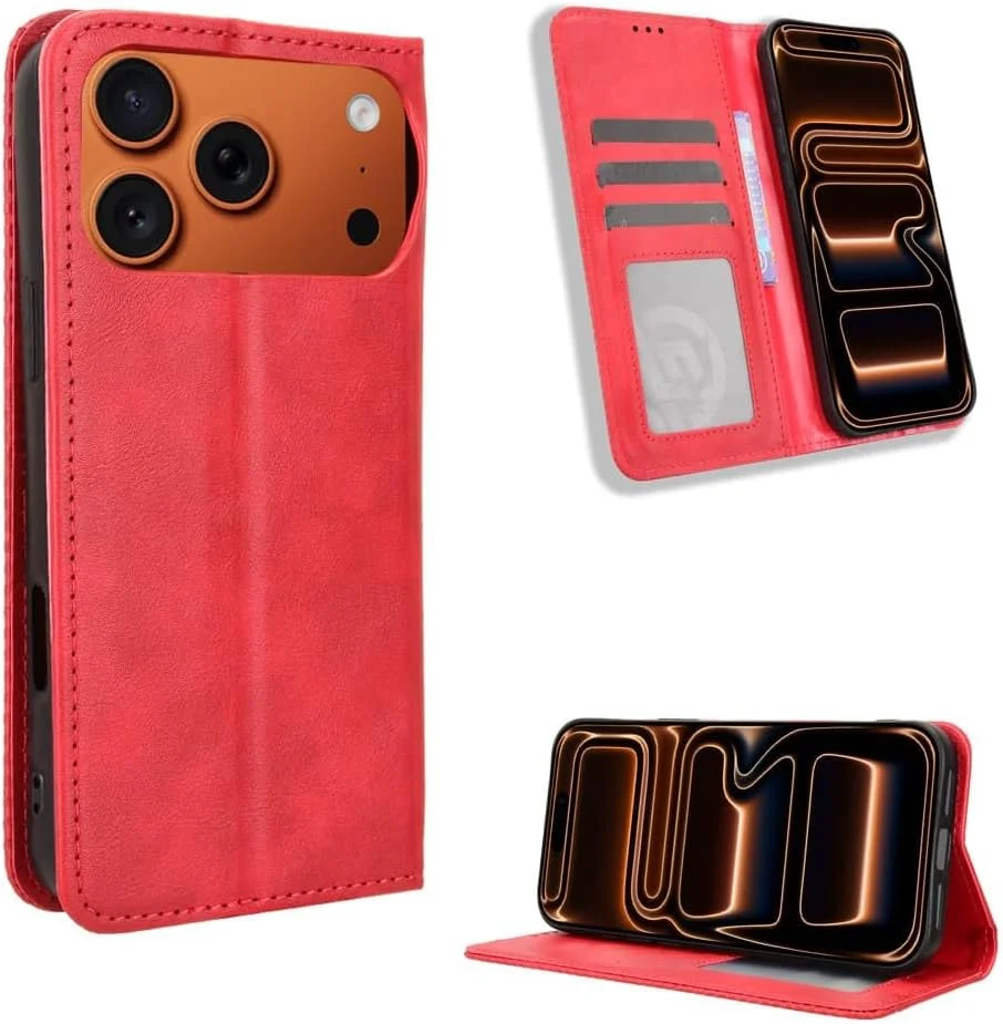 کاور محافظ چرمی تاشو COMAKU سازگار با Apple iPhone 17 Pro Max، کیف پول مغناطیسی محافظ تلفن با پایه نگهدارنده کارت، قرمز