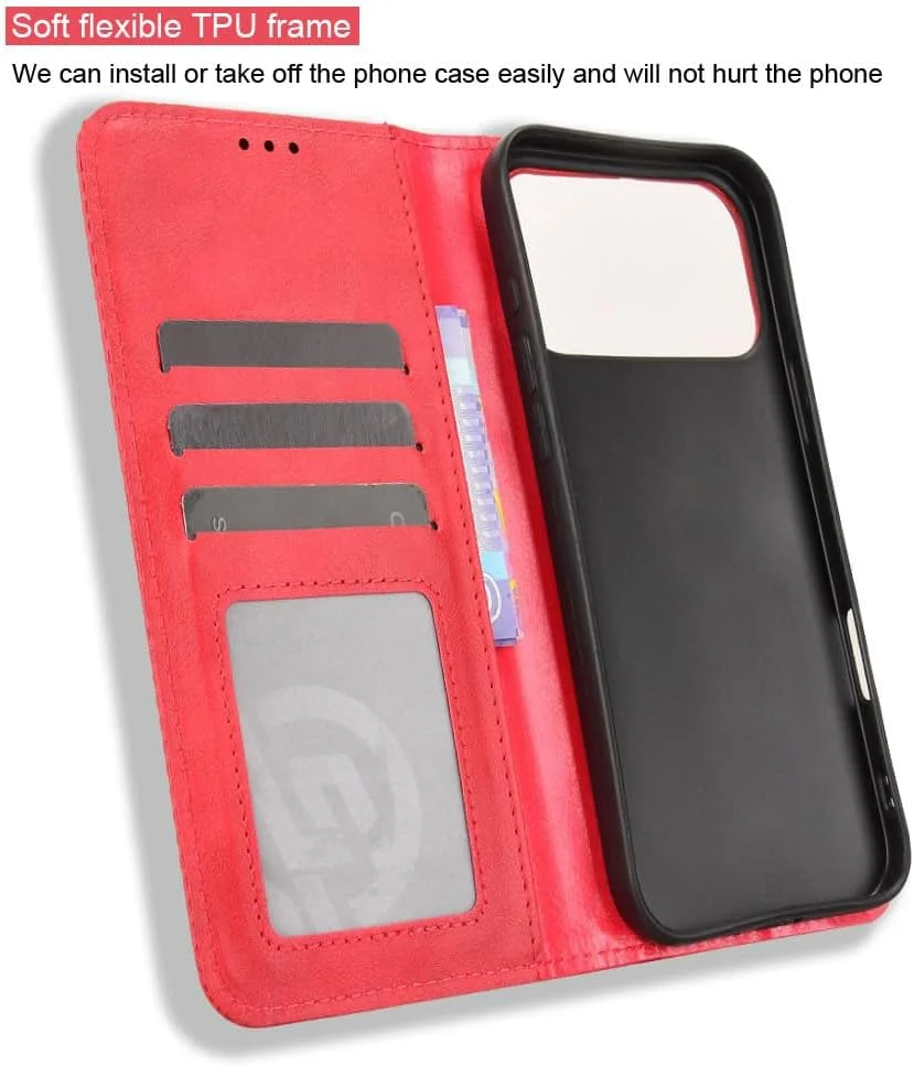 کاور محافظ چرمی تاشو COMAKU سازگار با Apple iPhone 17 Pro Max، کیف پول مغناطیسی محافظ تلفن با پایه نگهدارنده کارت، قرمز