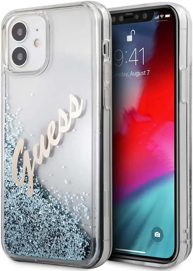 قاب محافظ سخت CG Mobile Guess Liquid Glitter Script Back Shield با قابلیت جذب ضربه و محافظت کامل در برابر افتادن برای Apple iPhone دارای مجوز رسمی (12 Mini (5.4 اینچ)، آبی کلاسیک)
