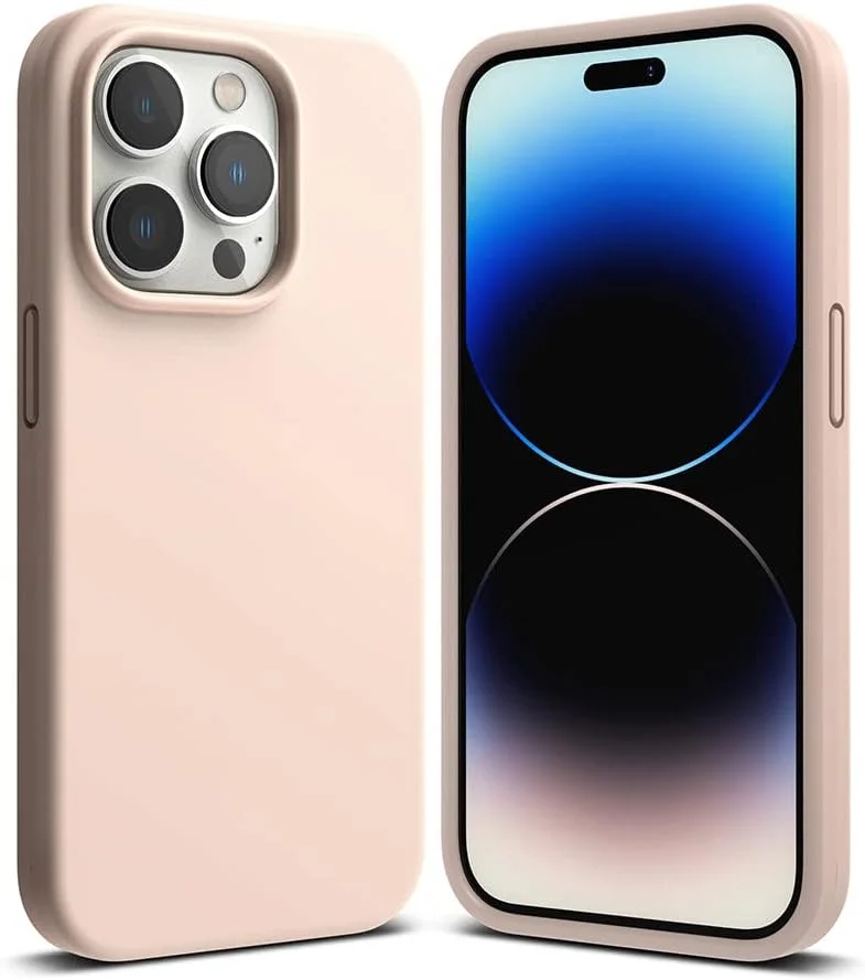 کاور سیلیکونی رینکه سازگار با آیفون 14 پرو 6.1 اینچ، سبک وزن، انعطاف پذیر، مقاوم در برابر خراش، نرم، میکروفایبر، محافظ کامل بدنه گوشی - [طراحی شده برای اپل آیفون 14 پرو] - ماسه ای صورتی