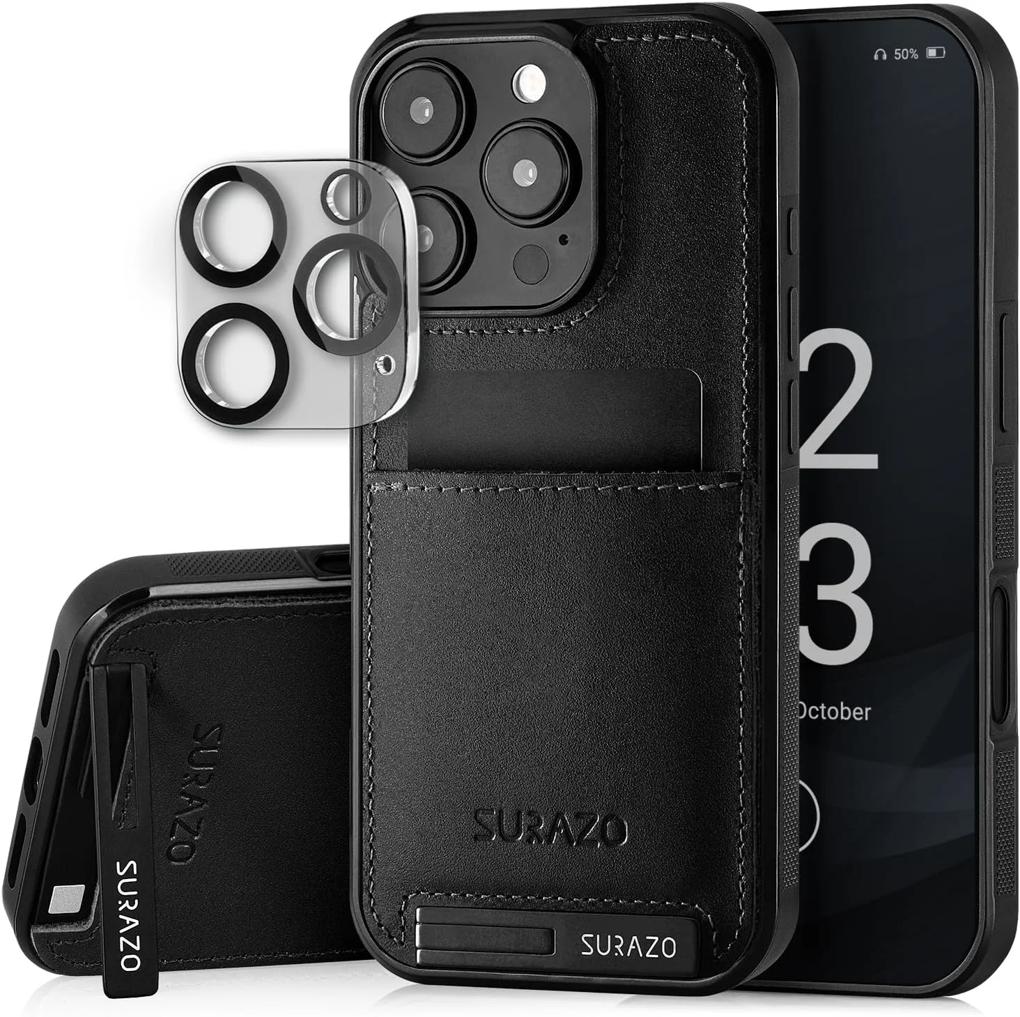 کاور پشتی چرمی اصل SURAZO برای گوشی Apple iPhone 16 Pro - کاور محافظ گوشی موبایل چرمی ضد ضربه [محافظ شیشه ای دوربین، جای کارت، عملکرد استند، جاکلیدی] کاور محافظ پشتی بامپر