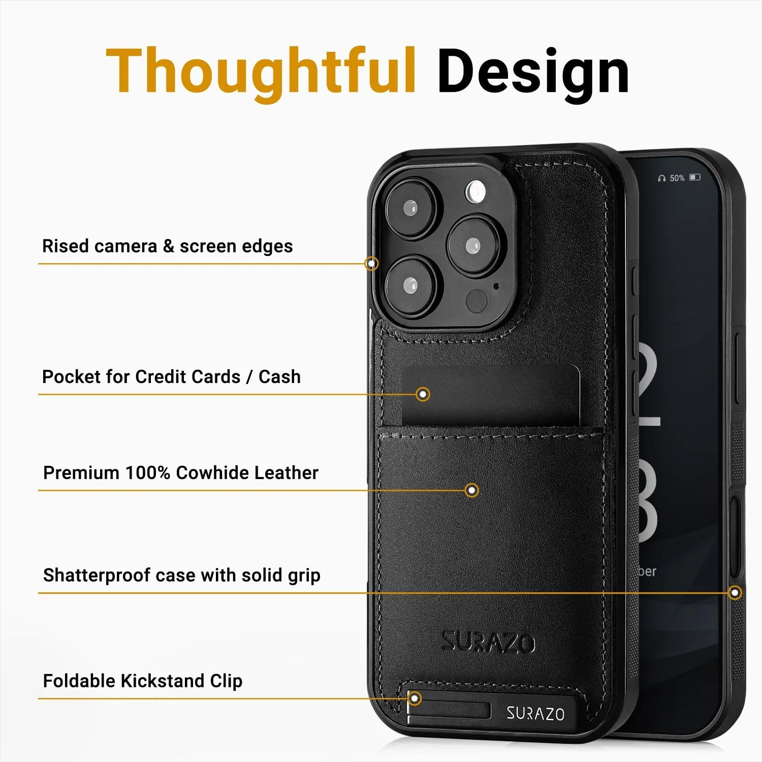 کاور پشتی چرمی اصل SURAZO برای گوشی Apple iPhone 16 Pro - کاور محافظ گوشی موبایل چرمی ضد ضربه [محافظ شیشه ای دوربین، جای کارت، عملکرد استند، جاکلیدی] کاور محافظ پشتی بامپر