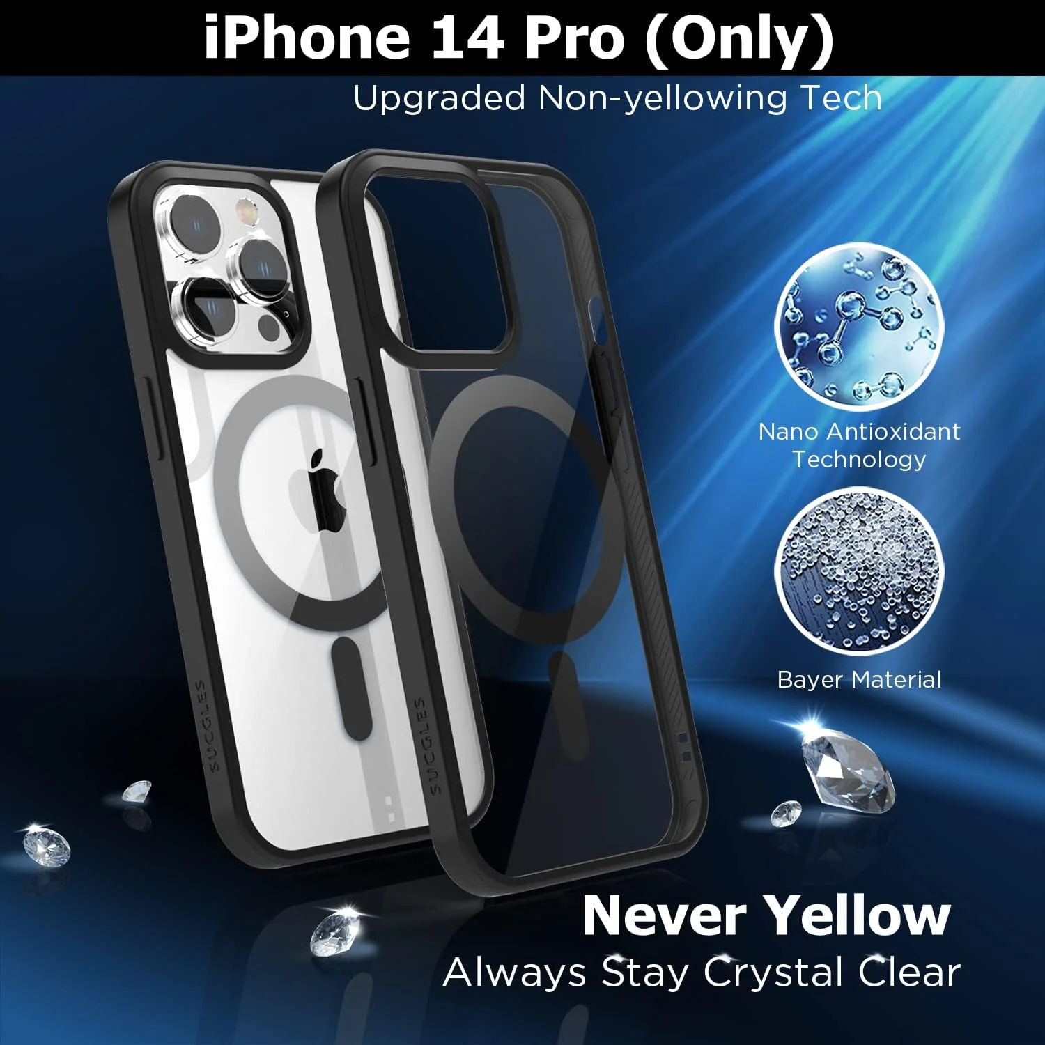 کاور گوشی آیفون 14 پرو SUCGLES مدل [جدید 2023] با MagSafe، [آهنربای قوی] [ضد زردی] [محافظت درجه نظامی] کاور باریک و مغناطیسی مناسب برای (Apple 14pro، مشکی شفاف)