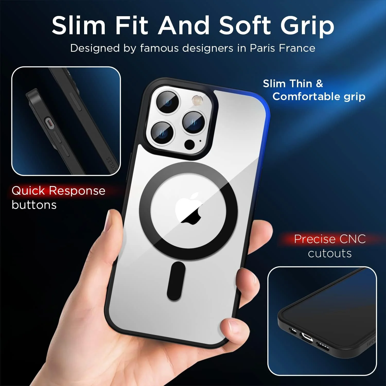 کاور گوشی آیفون 14 پرو SUCGLES مدل [جدید 2023] با MagSafe، [آهنربای قوی] [ضد زردی] [محافظت درجه نظامی] کاور باریک و مغناطیسی مناسب برای (Apple 14pro، مشکی شفاف)