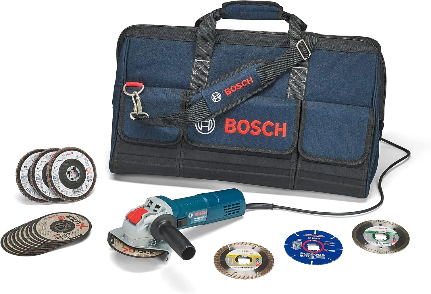 بسته جهانی سیستم X-LOCK حرفه ای بوش و مینی سنباده GWX 750-115 X-LOCK، برای مواد مختلف، فلز، سرامیک، قطر 115 میلی متر، لوازم جانبی برای سنگ فرز