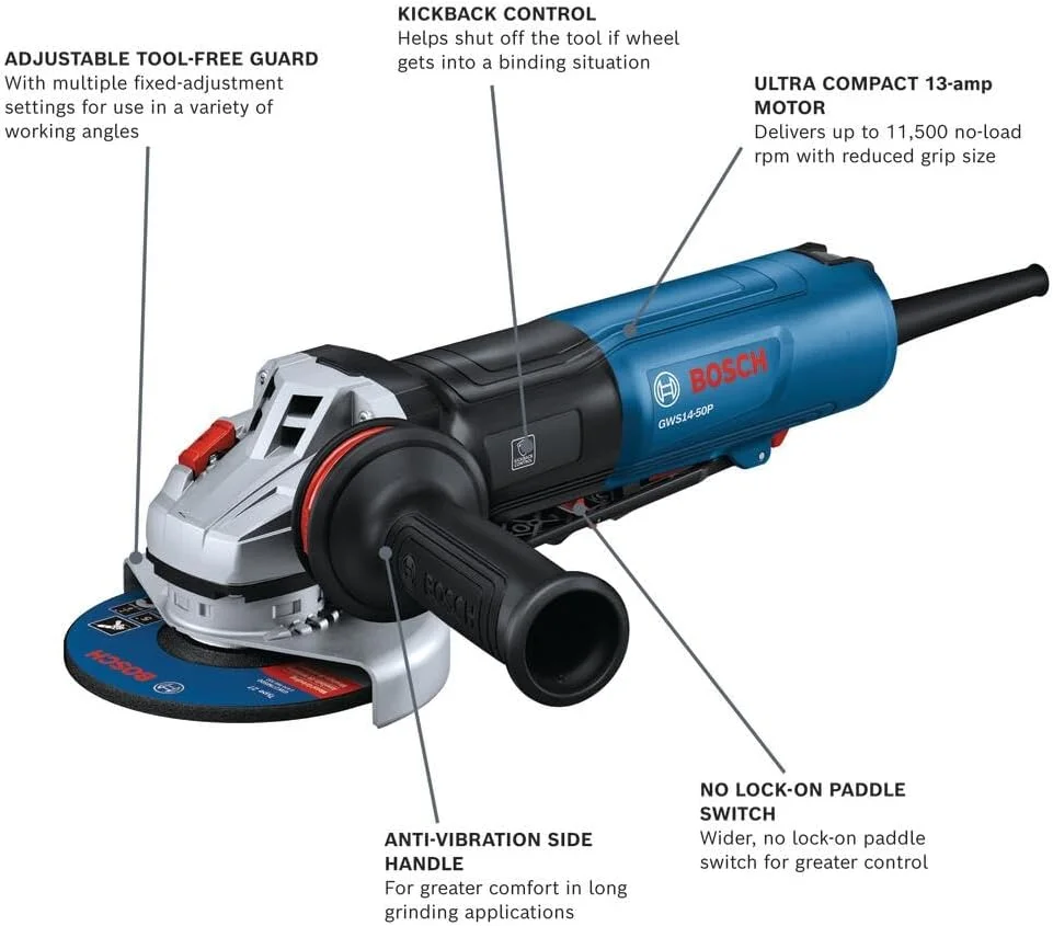 دستگاه فرز آهنگری بوش GWS14-50P با صفحه 5 اینچی و کلید پدالی قفلشونده - مجموعه کامل برای سنگزنی و برشکاری چندمنظوره دستگاه فرز آهنگری بوش GWS14-50P با صفحه 5 اینچی و کلید پدالی قفلشونده - مجموعه کامل برای سنگزنی و برشکاری چندمنظوره