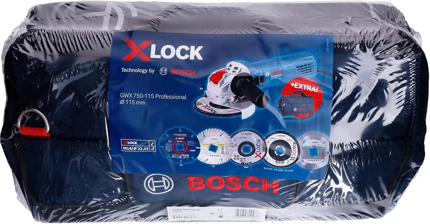 بسته جهانی سیستم X-LOCK حرفه ای بوش و مینی سنباده GWX 750-115 X-LOCK، برای مواد مختلف، فلز، سرامیک، قطر 115 میلی متر، لوازم جانبی برای سنگ فرز