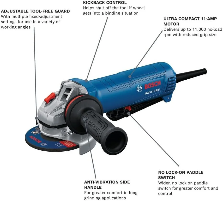 دستگاه فرز آهنگری ارگونومیک بوش GWS11-450P با موتور 11 آمپر، دسته ضد لرزش، محافظ قابل تنظیم و کنترل پس زنی - ایده آل برای کاربردهای فلزی و بتنی دستگاه فرز آهنگری ارگونومیک بوش GWS11-450P با موتور 11 آمپر، دسته ضد لرزش، محافظ قابل تنظیم و کنترل پس زنی - ایده آل برای کاربردهای فلزی و بتنی