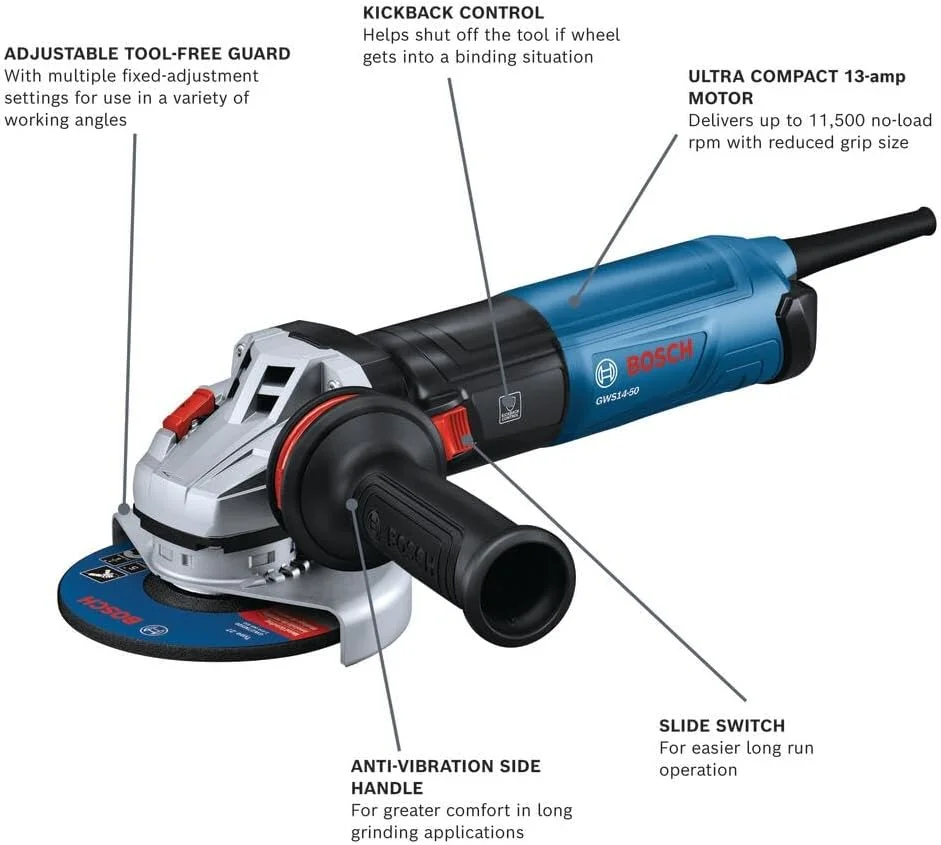 فرز آهنگری بوش GWS14-50 5 اینچی | موتور 13 آمپری قدرتمند و جمع و جور با کلید کشویی، عملکرد بالا برای سنگ زنی و برش فرز آهنگری بوش GWS14-50 5 اینچی | موتور 13 آمپری قدرتمند و جمع و جور با کلید کشویی، عملکرد بالا برای سنگ زنی و برش