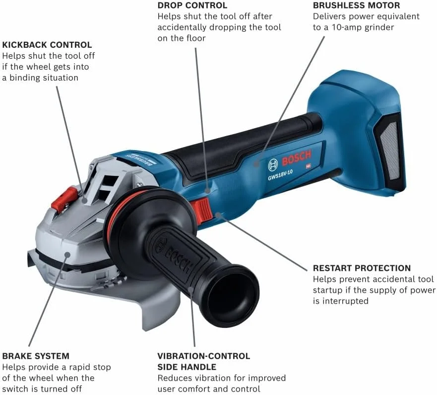 فرز سنگبری بوش GWS18V-10N 18V براشلس 4-1/2 – 5 اینچ با کلید کشویی (فقط ابزار)