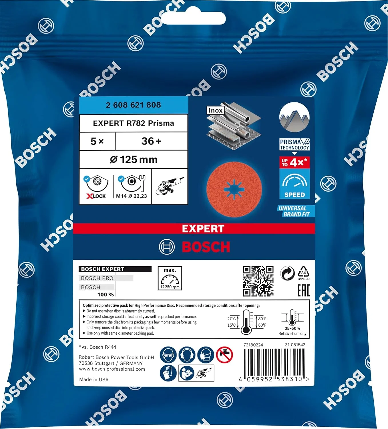 صفحه فیبری سرامیکی اکس-لاک بوش پروفشنال Expert R782 Prisma، 5 عددی (قطر 125 میلی متر، زبری 36، لوازم جانبی سنگ فرز زاویه ای اکس-لاک)