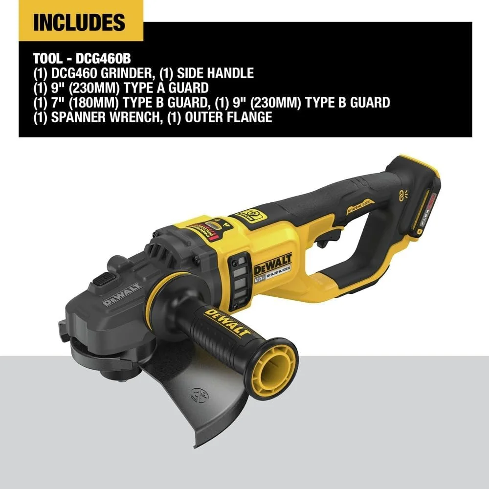 فرز آهنگری بزرگ زاویه ای بی سیم 60 ولت ماکس Dewalt DCG460B با موتور براشلس لیتیوم-یون 7 تا 9 اینچ (فقط ابزار) فرز آهنگری بزرگ زاویه ای بی سیم 60 ولت ماکس Dewalt DCG460B با موتور براشلس لیتیوم-یون 7 تا 9 اینچ (فقط ابزار)