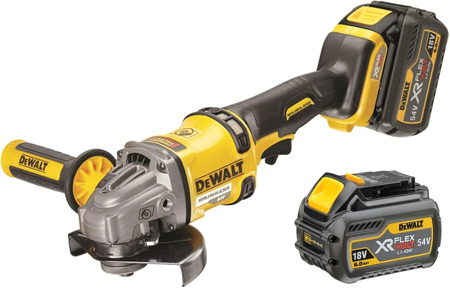 دستگاه فرز زاویه ای کوچک 125 میلی متری 54 ولت DeWalt به همراه باتری های اضافی و شارژر در جعبه ابزار، زرد/مشکی، DCG414T2-GB دستگاه فرز زاویه ای کوچک 125 میلی متری 54 ولت DeWalt به همراه باتری های اضافی و شارژر در جعبه ابزار، زرد/مشکی، DCG414T2-GB