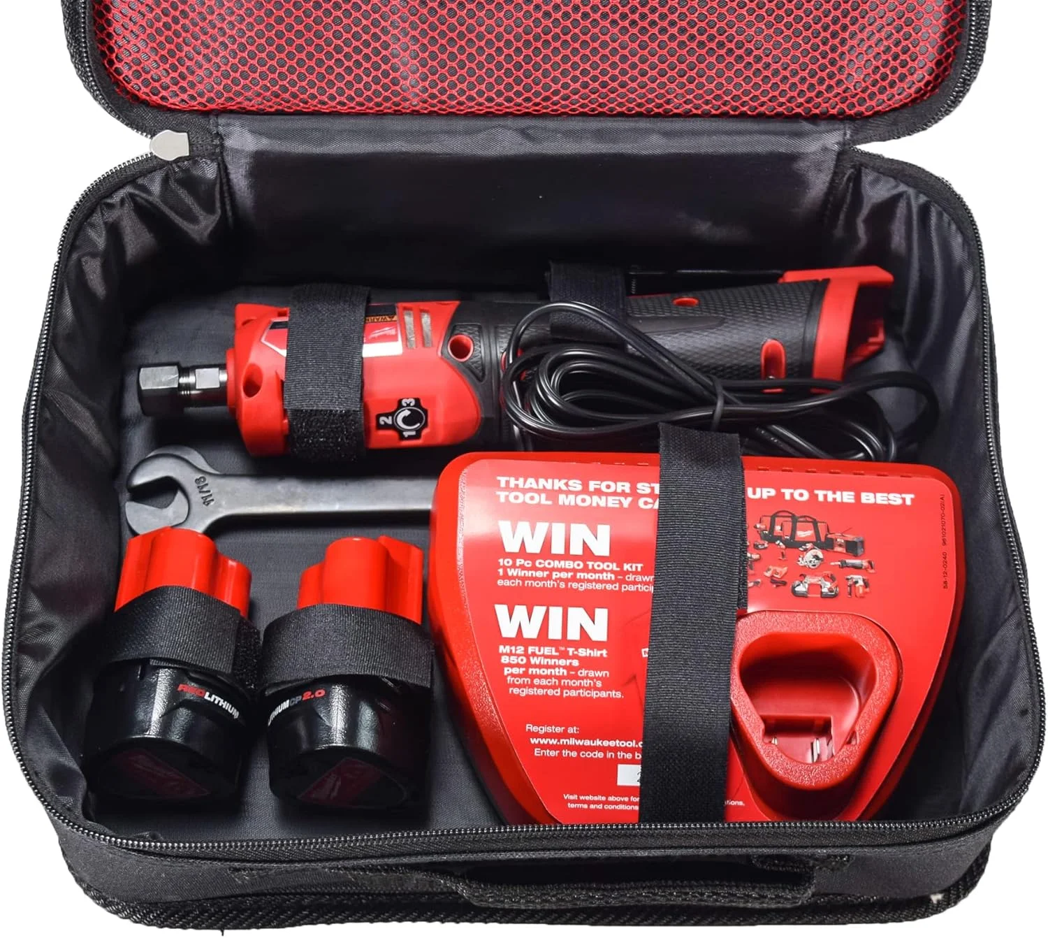 کیت فرز انگشتی بادی مستقیم میلواکی 2486-22 M12 FUEL 12V به همراه (2) باتری 2.0 آمپر ساعتی، شارژر و کیف ابزار