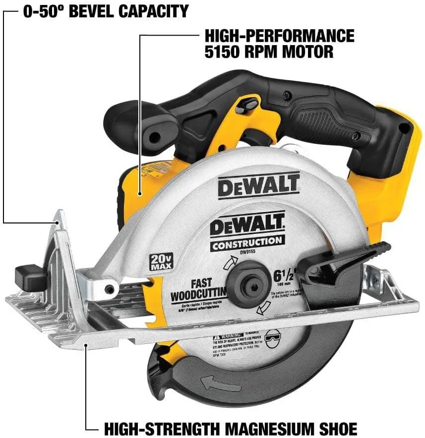 اره دایره ای 6-1/2 اینچی 20 ولت حداکثر Dewalt، فقط ابزار (dcs391b)، زرد