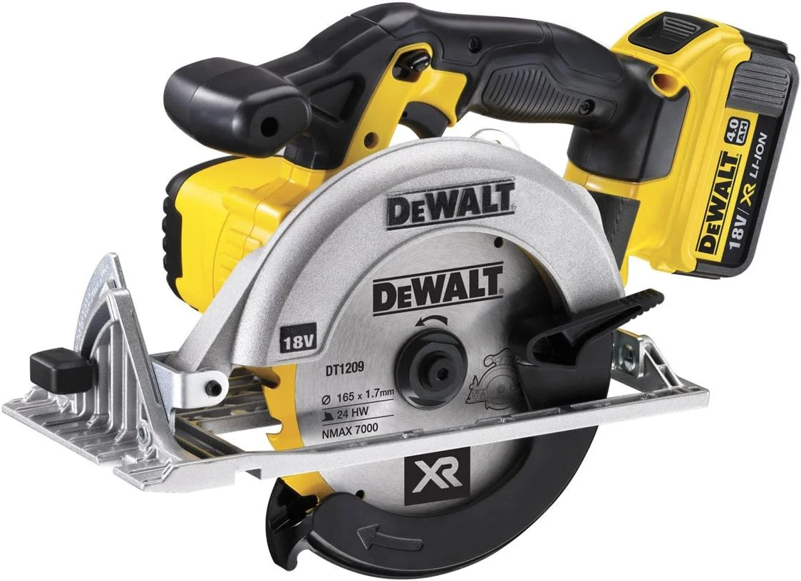 اره دایره ای ممتاز 165 میلی متری 18 ولت DeWalt، 2 عدد باتری 4.0 آمپر ساعت، شارژر و جعبه ابزار، زرد/مشکی، DCS391M2-GB