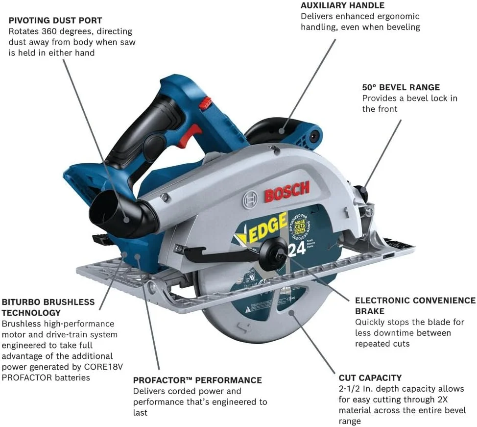 اره دیسکی گرد شارژی براشلس بوش مدل GKS18V-25N، 18 ولت، 7-1/4 اینچ - اره شارژی با عملکرد بالا با ظرفیت برش 2-1/2 اینچ و سیستم PROFACTOR™ (فقط ابزار)