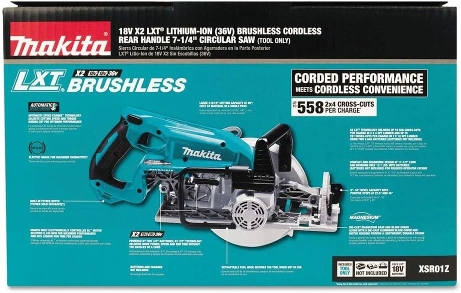 اره دیسکی گرد بر پشتی 18 ولت X2 LXT لیتیوم-یون 36 ولت براشلس 7-1/4 اینچ ماکیتا مدل XSR01Z (فقط ابزار)