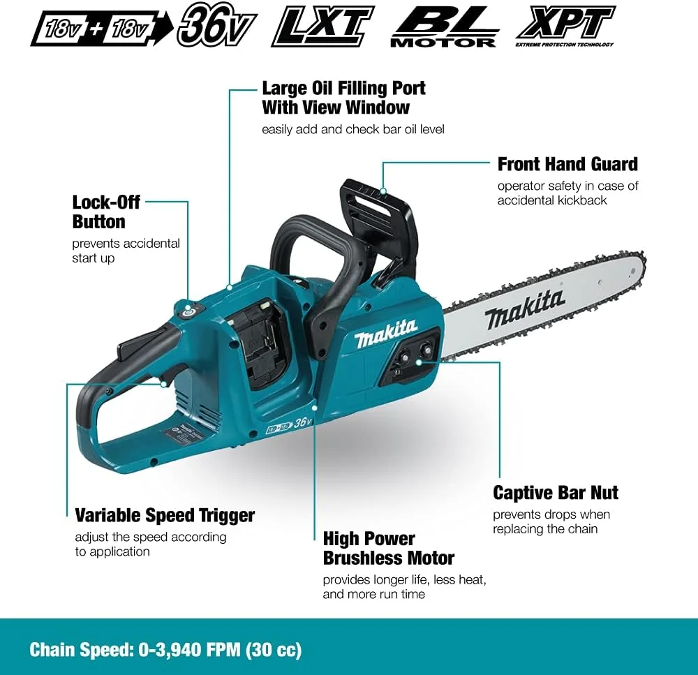 اره زنجیری شارژی ماکیتا مدل DUC355Z، دو باتری 18 ولت (36 ولت) لیتیوم-یون LXT، طول تیغه 350 میلیمتر، موتور براشلس - باتری و شارژر شامل نمیشود اره زنجیری شارژی ماکیتا مدل DUC355Z، دو باتری 18 ولت (36 ولت) لیتیوم-یون LXT، طول تیغه 350 میلیمتر، موتور براشلس - باتری و شارژر شامل نمیشود