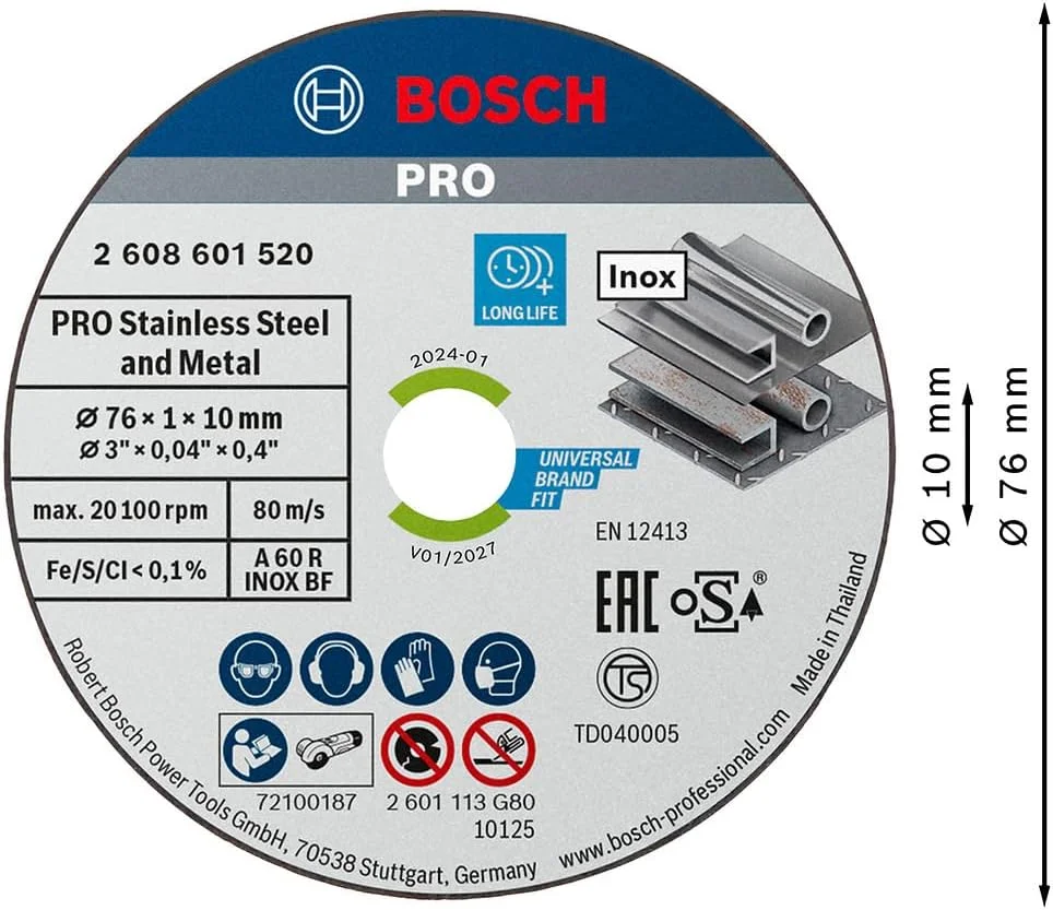صفحه برش استیل بوش پروفشنال 2608601520، مدل Expert for Inox (مناسب فولاد ضد زنگ، 76x10x1 میلی متر، لوازم جانبی فرز آهنگری)، خاکستری صفحه برش استیل بوش پروفشنال 2608601520، مدل Expert for Inox (مناسب فولاد ضد زنگ، 76x10x1 میلی متر، لوازم جانبی فرز آهنگری)، خاکستری