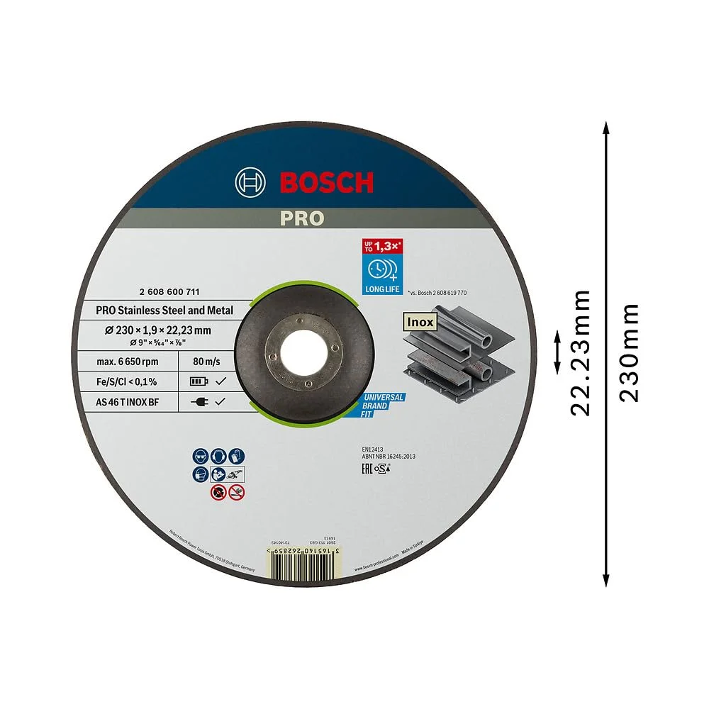 صفحه برش استیل و فلز بوش مدل PRO Longlife Thin مناسب برای دستگاه فرز بزرگ با قطر 22.23 میلی متر (برای فولاد، استیل ضد زنگ، قطر 230 میلی متر، لوازم جانبی حرفه ای دستگاه فرز بزرگ)