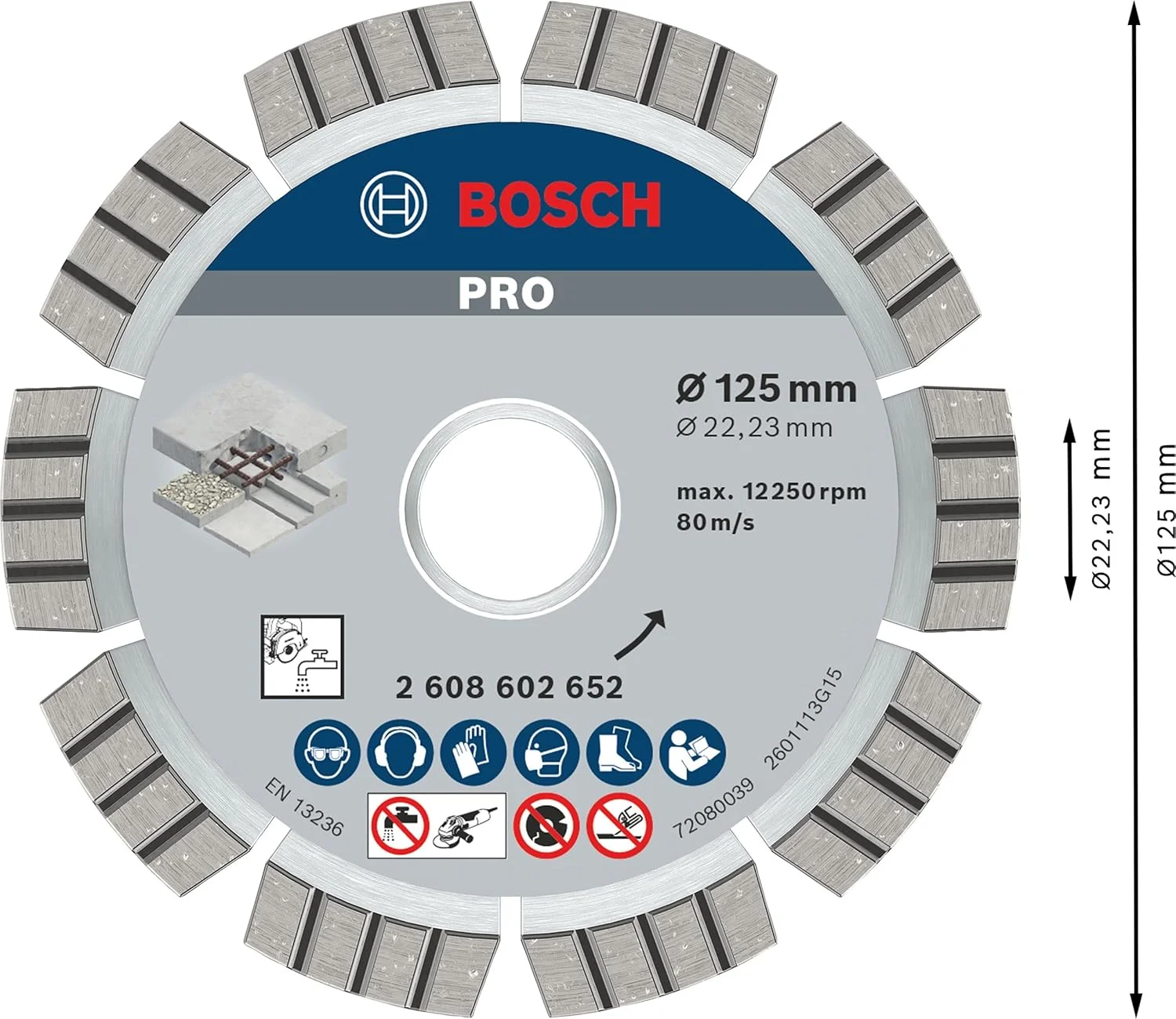 صفحه برش الماسه بتن بوش مدل PRO، مناسب برای سوراخ 22.23 و فرزهای زاویه ای کوچک (برای بتن و بتن مسلح، قطر 125 میلی متر، لوازم جانبی حرفه ای فرز زاویه ای کوچک)